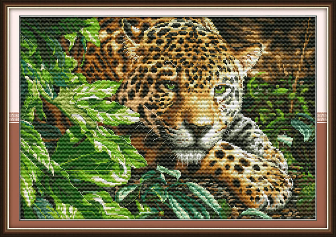 YEESAM ART New Counted Cross Stitch Kits Advanced - Leopard in The Bush - Embroidery Set Needlework DIY Handmade Christmas Gifts (Leopard, White)