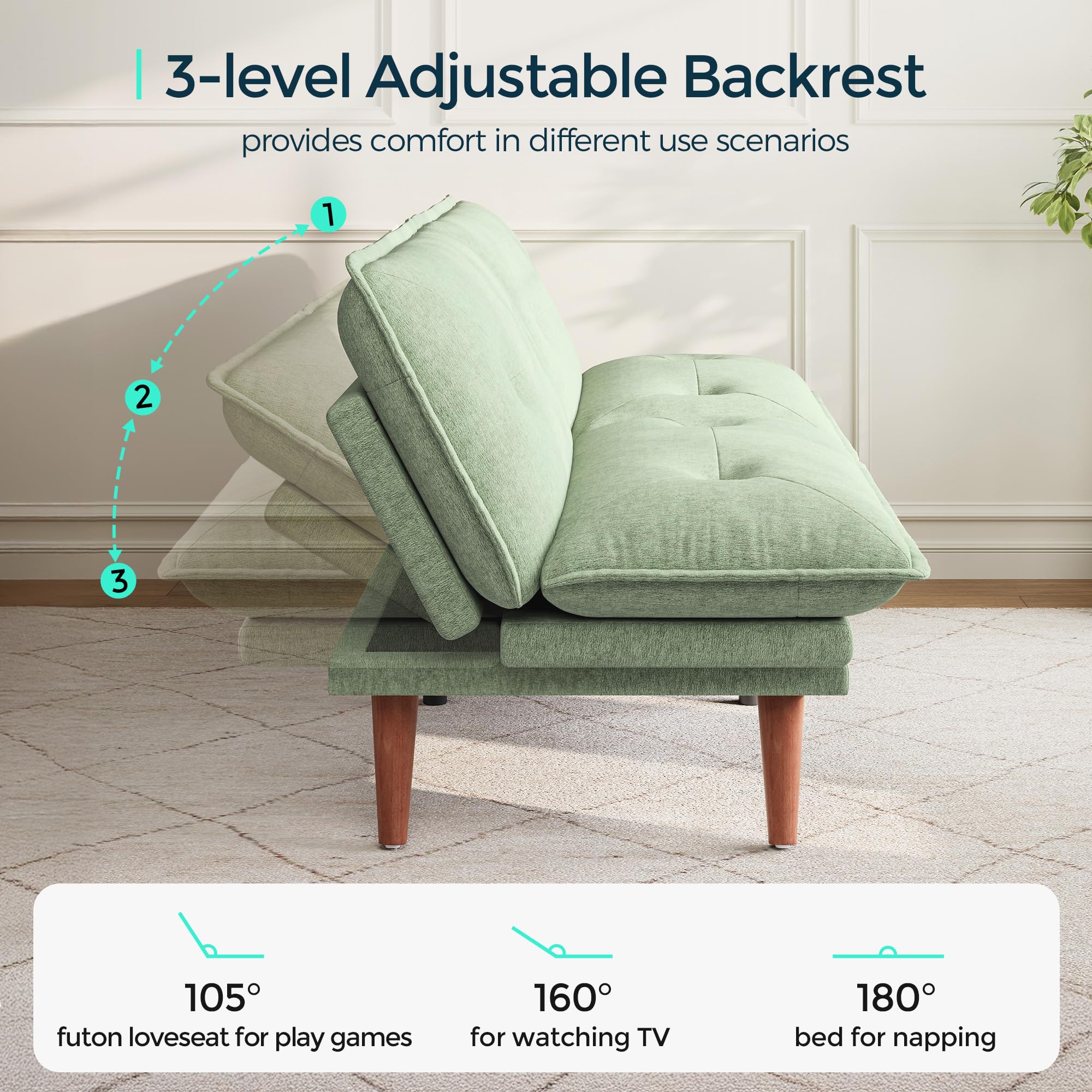 LINSY HOME Futon Sofa Bed, 70" Chenille Futon Couch with Adjustable Backrest Armrest, 3 in 1 Convertible Comfy Loveseat Sleeper Sofa Bed for Small Spaces Dorm Room Apartment Home Office, Light Green