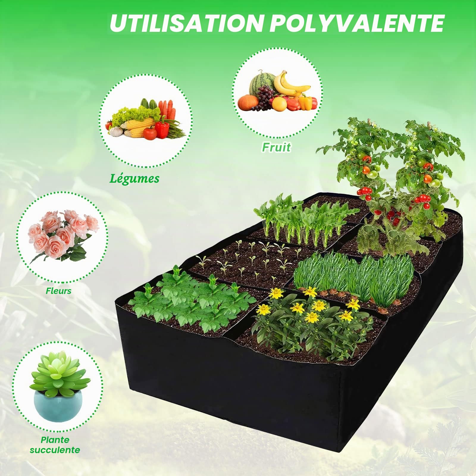 GAESHOW 2 Pièces Sacs Carré Contenant de Plantation, 8 Grilles Sacs de Plantation en Non Tissés 180 x 90 x 30 cm, Sac à Plantes, Sacs à Plantes pour Pommes de Terre Tomates Fraises Fleurs