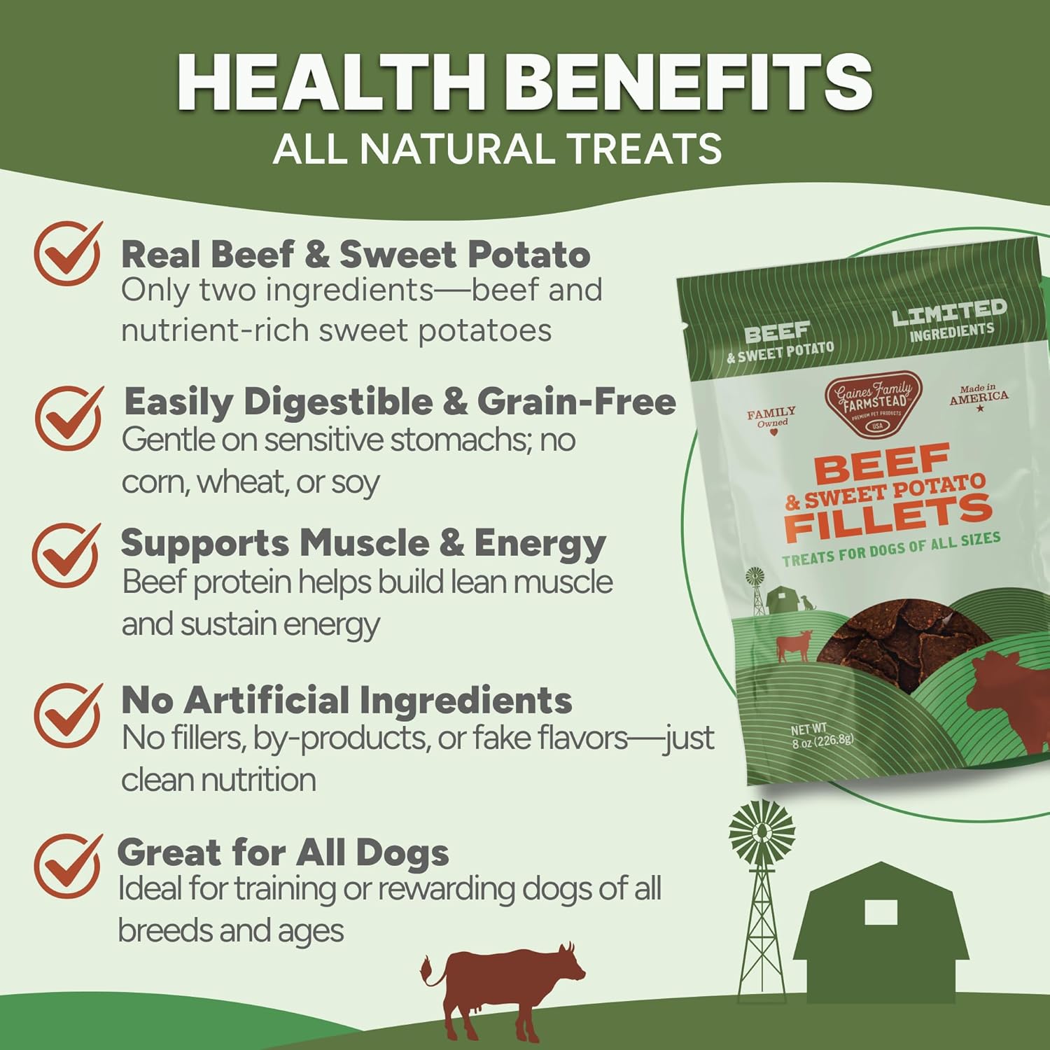 Gaines Family Farmstead Beef & Sweet Potato Fillets for Dogs 3 Pack - 8 oz Bags, All-Natural, Grain-Free, Healthy Dog Treats for All Ages & Breeds, Made in USA