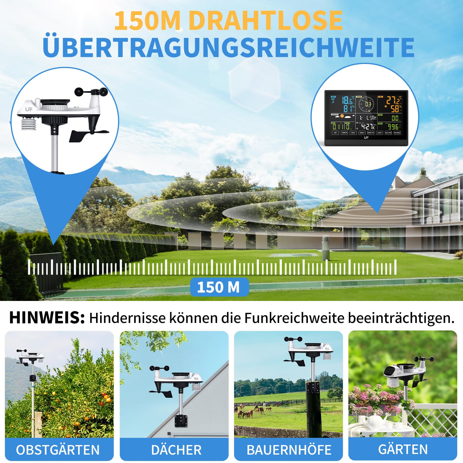 LFF WLAN 7-In-1 Wetterstation Funk mit Außensensor, 7,5 Zoll Display,Wetterstation mit Smart Life-App,Wetterstation mit 4 Stufen Hintergrundbeleuchtung,UV-Index,Windmesser,Regenmesser,Wettervorhersage