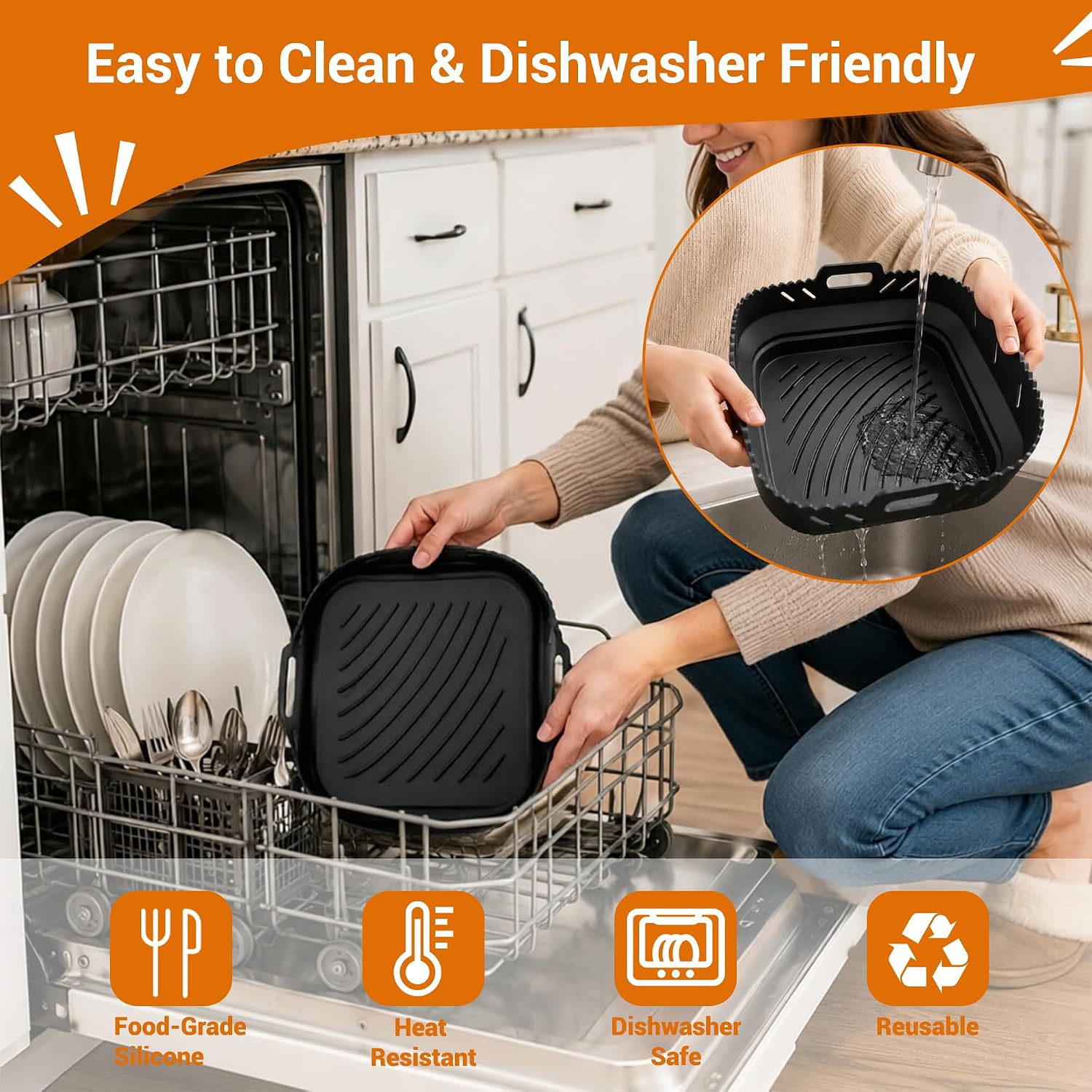 Air Fryer Accessories 8-Piece Set, Silicone Liners with Metal Rack, Skewers, Tongs & Gloves for 6QT Square Basket Air Fryer, Dishwasher Safe