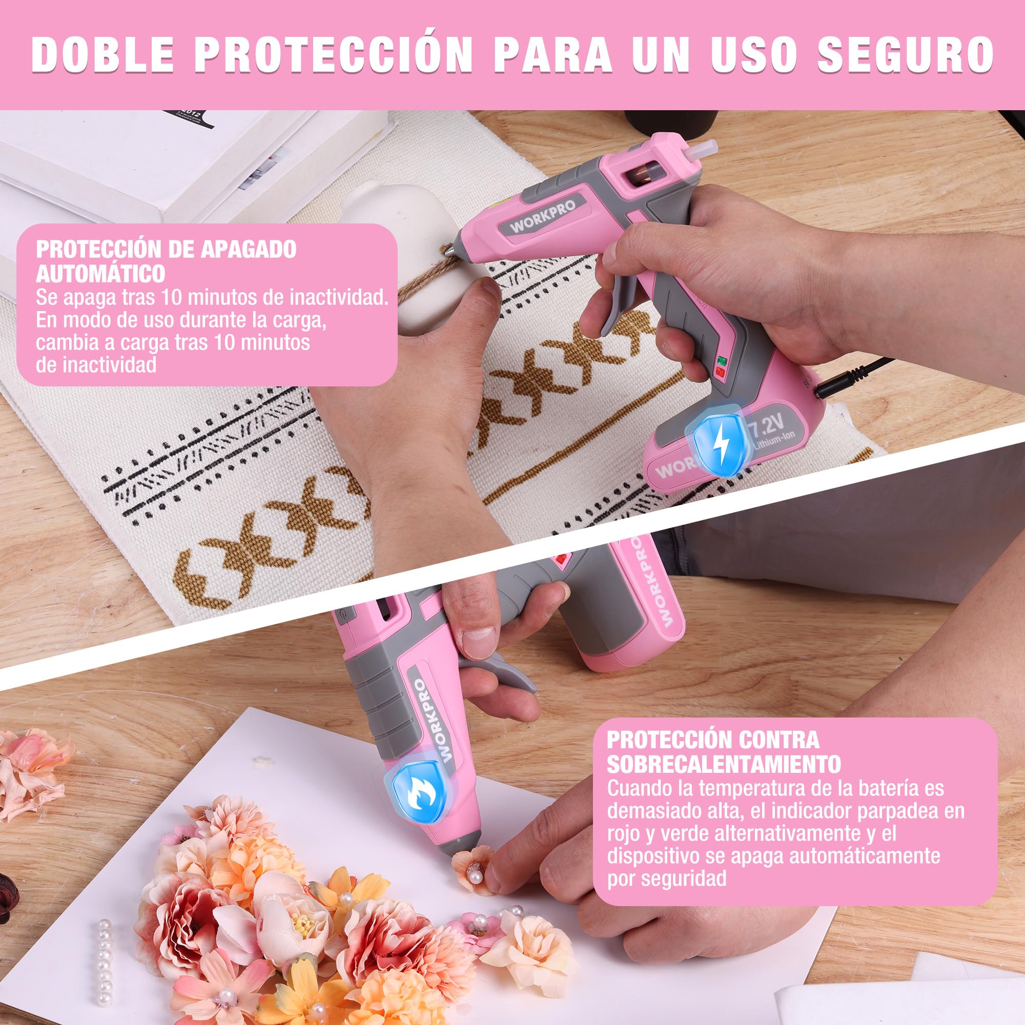 WORKPRO Pistola de Silicona 7,2 V Inalámbrica y con Cable, 20 Barras Incluidas, Calentamiento Rápido 30 s, Flujo Constante de Pegamento, Carga USB-C, para Manualidades y Reparaciones | Calentamiento Rápido en 30s con Flujo Constante para Manualidades, Rep