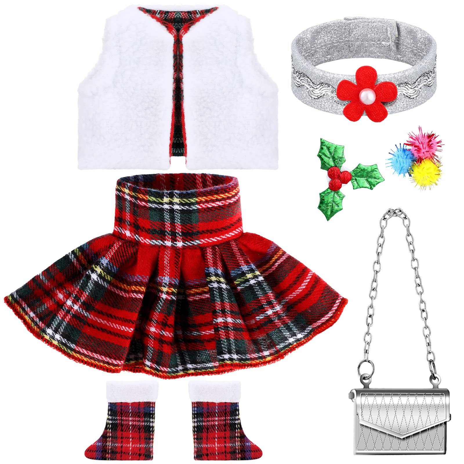 5 Pcs Santa Christmas Elf Doll Clothes Christmas Doll Clothing Costume Accessories Including Fluffy Vest, Plaid Skirts, Socks, 3 in 1 Headband and Mini Silver Metal Bag for Doll Elf Outfit Girl