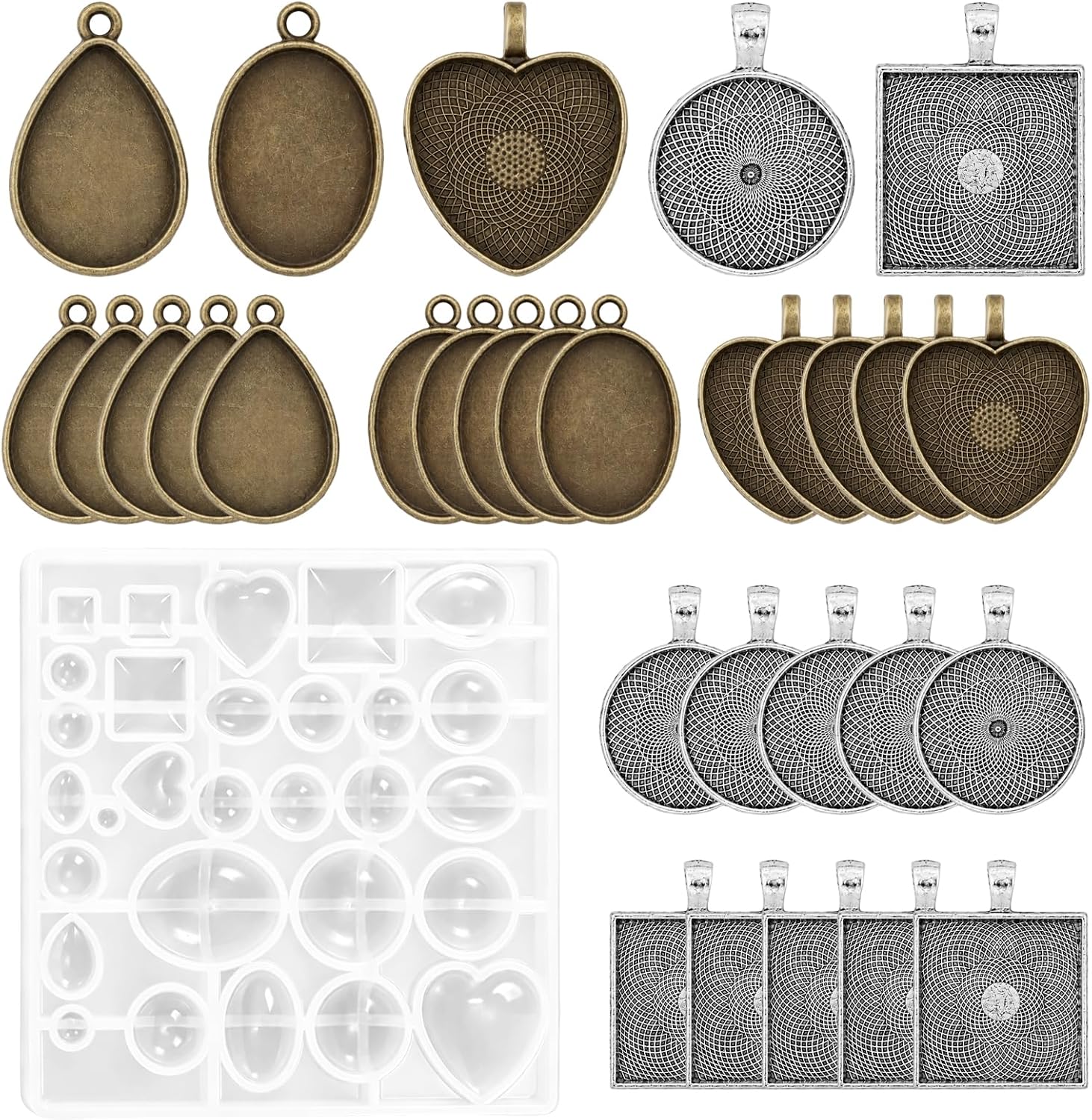 Avxdbr Resin Jewelry Molds Pendant Trays Making Kit with 30PCS Metal Pendants