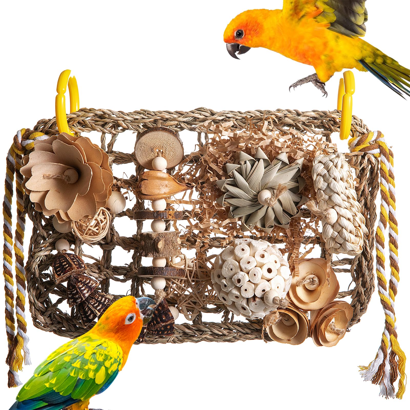 Bird Foraging Wall Toy, Seagrass Woven Climbing Hammock Mat with Chewing Toys,Parrot Shredding Hanging Toys for Cockatiel Lovebird Parakeet Budgie Small-Medium Birds (Large)