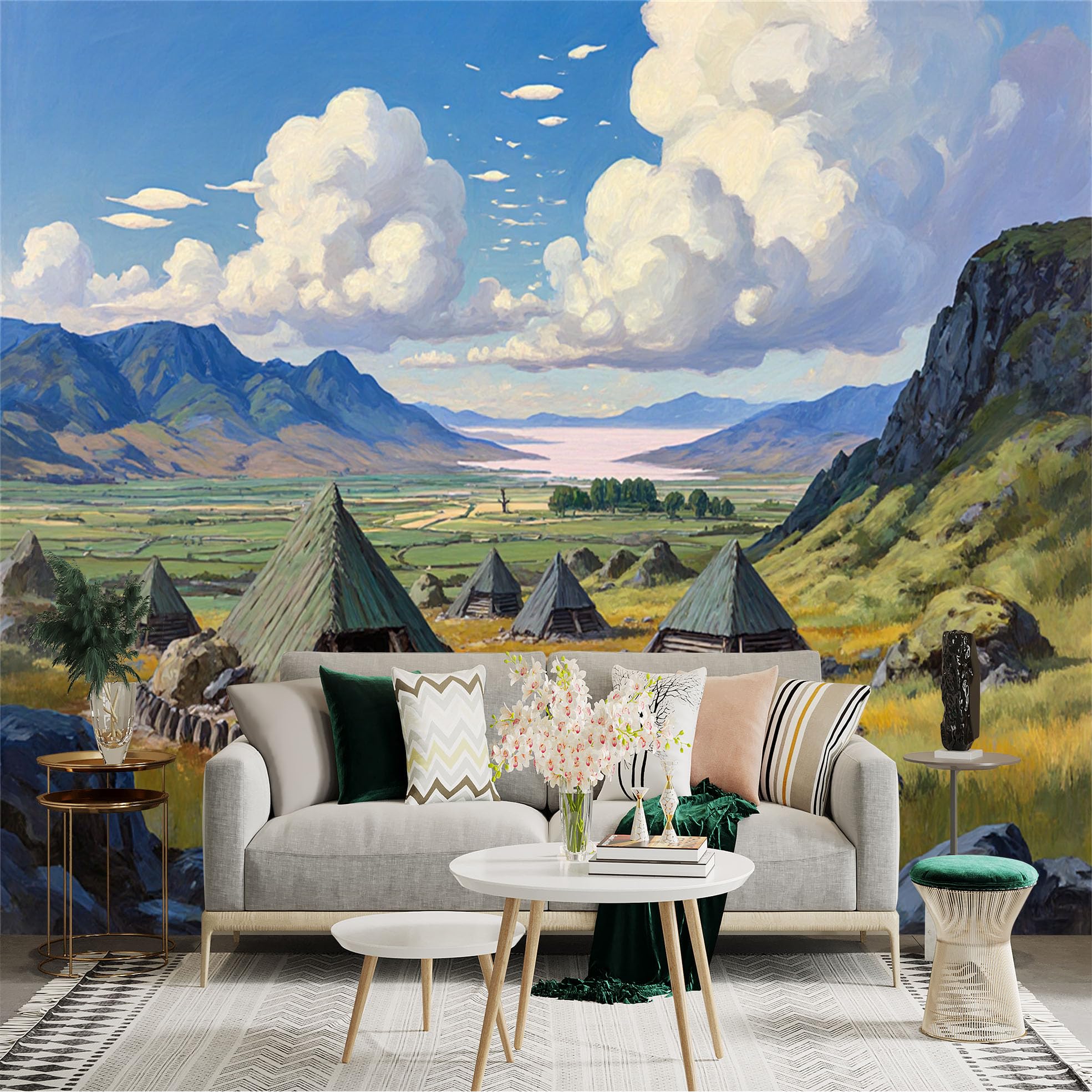 Lnzczhyre Xc260505194 Custom Size Wall Sticker Mural， Ancient Tribal Huts In Valley， Lush Mountainous Landscape With Cloudy Sky， Pastoral Nature Scenery， For Wall Decoration， Peelandstick Wall Decals.
