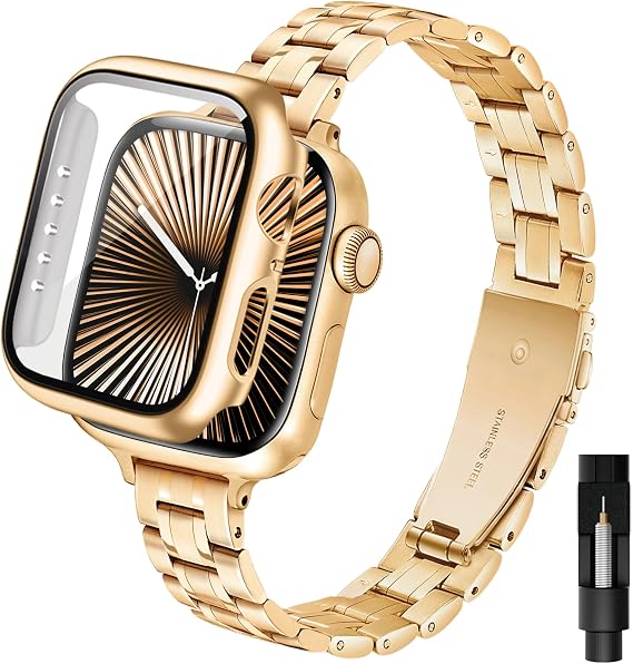 Women's Slim Metal Strap Compatible with Apple Watch Strap 40 mm with Protective Case Slim High-Quality Stainless Steel Strap Band and Case for iWatch SE Series 6 5 4 (40 mm Golden)