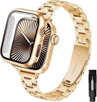 Women's Slim Metal Strap Compatible with Apple Watch Strap 40 mm with Protective Case Slim High-Quality Stainless Steel Strap Band and Case for iWatch SE Series 6 5 4 (40 mm Golden)