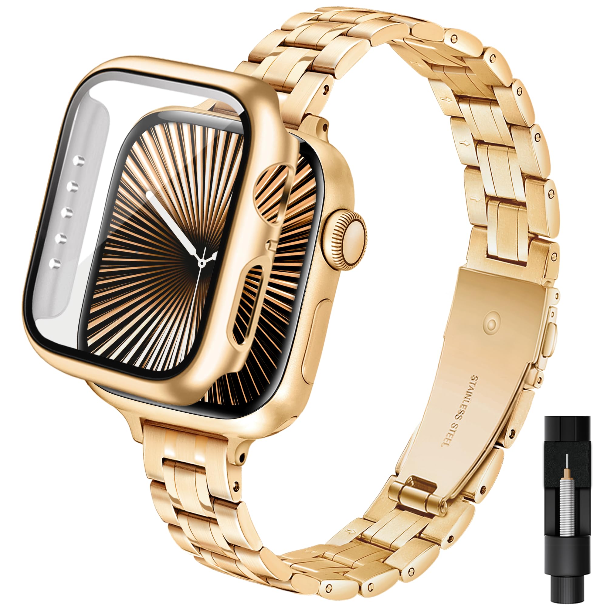 Aniaboho Damen Schlankes Metallarmband Kompatibel mit Apple Watch Armband 40mm mit Schutzhülle, Slim Hochwertiger Edelstahlarmband, Band und Hülle für iWatch SE Series 6 5 4(40mm Golden)