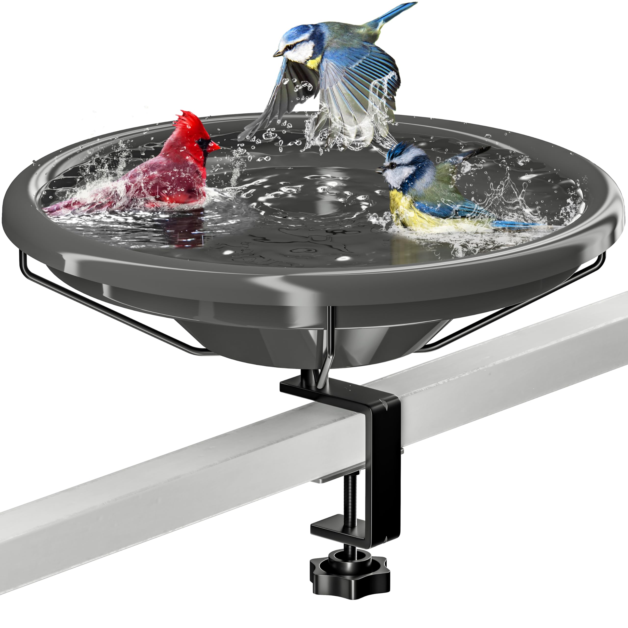 iBorn Bird Bath,Deck Mounted Bird Baths 12inch,Birdbath for Outside with Clamp 3.2inch,BPA-Free Bowl,Chew-Proof,Fully Detachable Design,Easy Clean & Refill,Gray,1 Pack(Not Include Fountain)