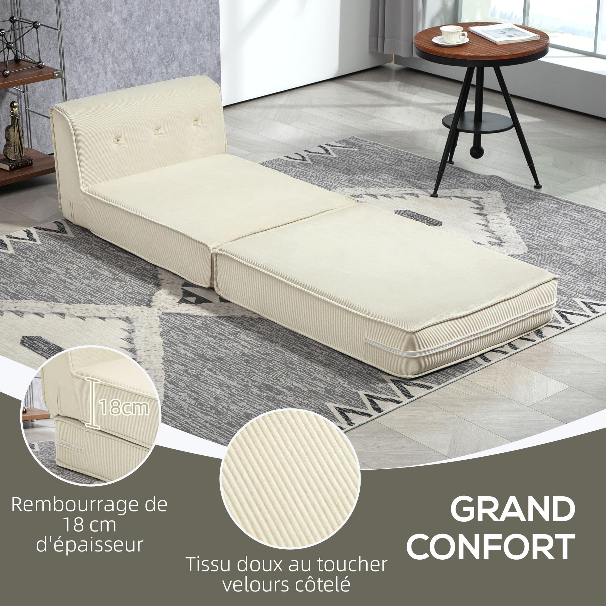HOMCOM Fauteuil Convertible 1 Place Fauteuil Paresseux chauffeuse Une Place - Dossier capitonné, Matelas Pliable - pour invités, Salon, Charge 240 kg, Velours côtelé crème