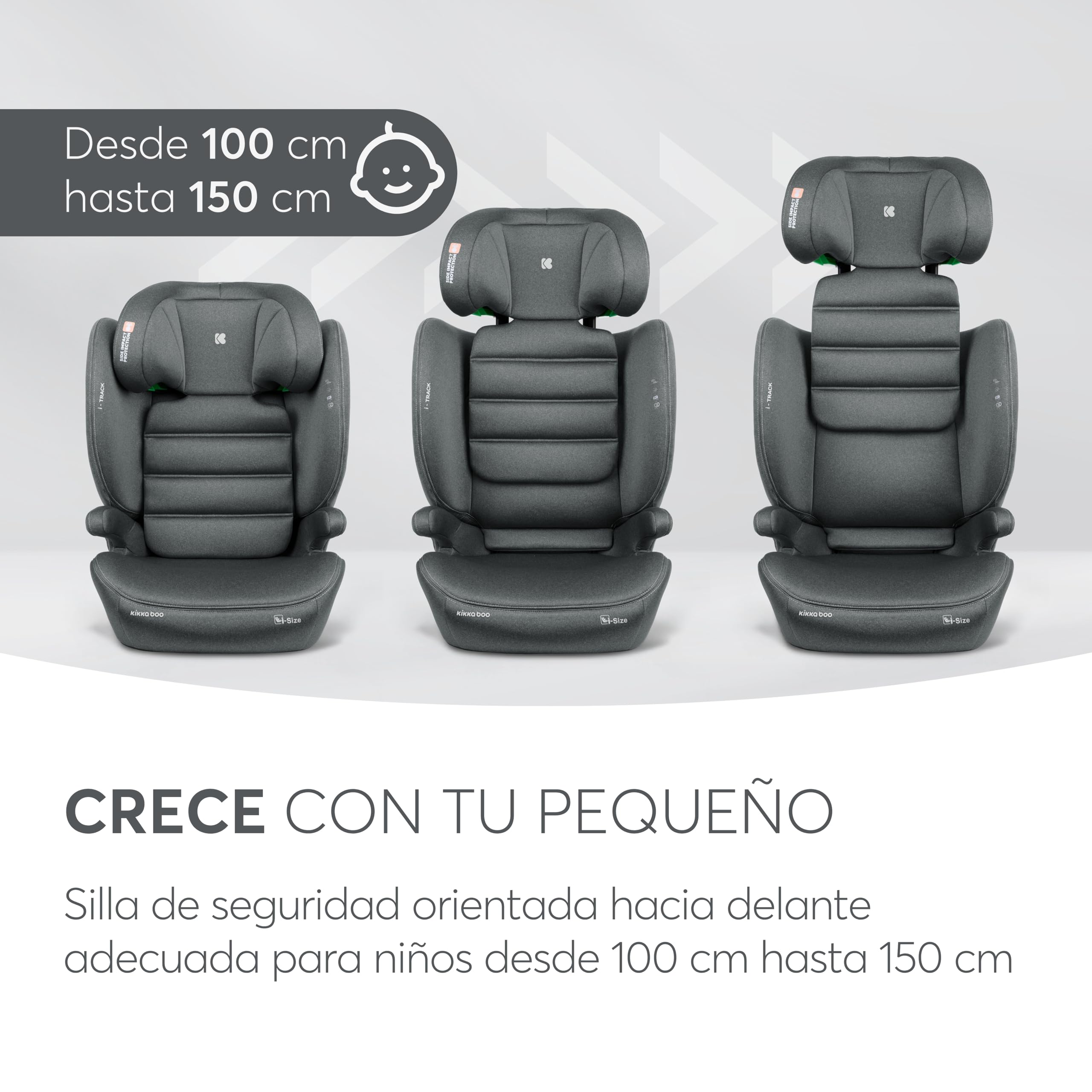 KikkaBoo Silla Coche Grupo 2-3 ISOFIX (15-36 kg) i-TRACK, Protección SPS Lateral, i-Size, 12 Posiciones Reposacabezas, Cadeira Auto Infantil, Gris