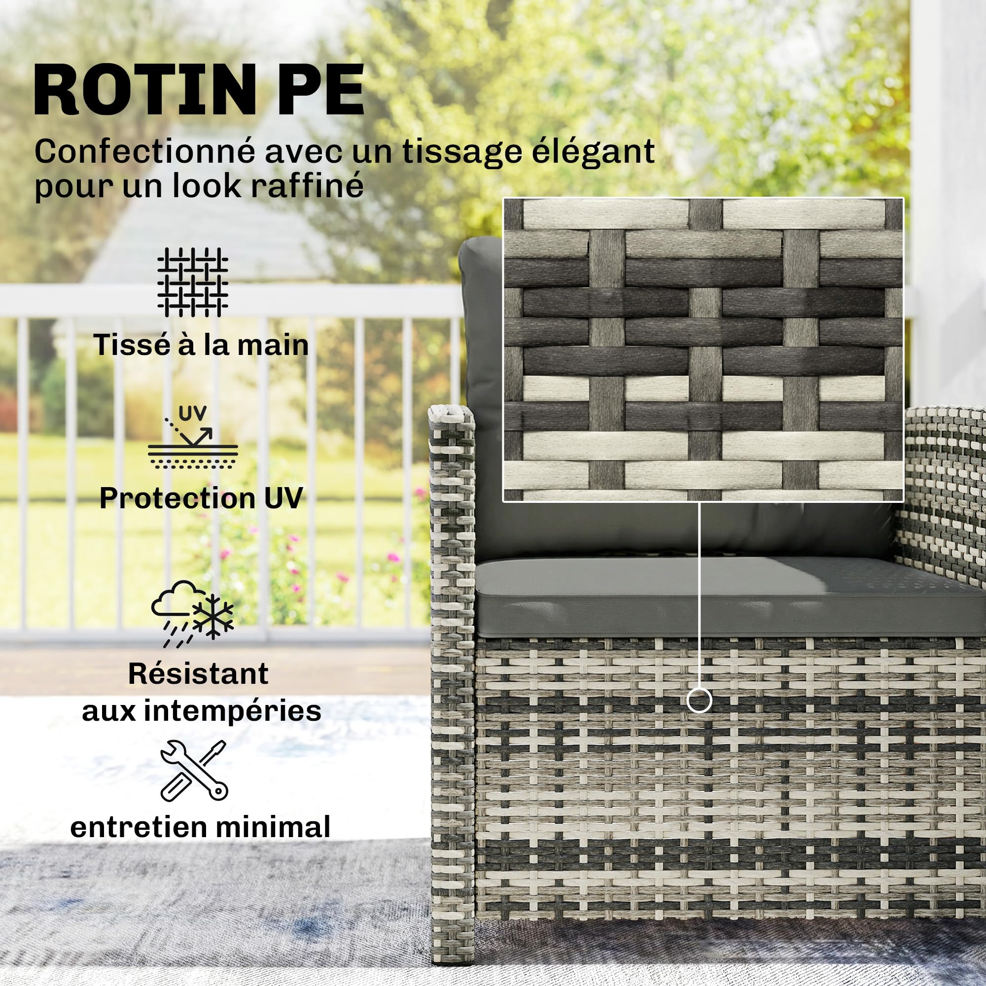 Outsunny Salon de Jardin Extérieur 3 Pièces en Résine Tressée Gris Clair | avec Table de Rangement, 2 Fauteuils, Coussins Déhoussables, Mobilier Terrasse Patio Balcon