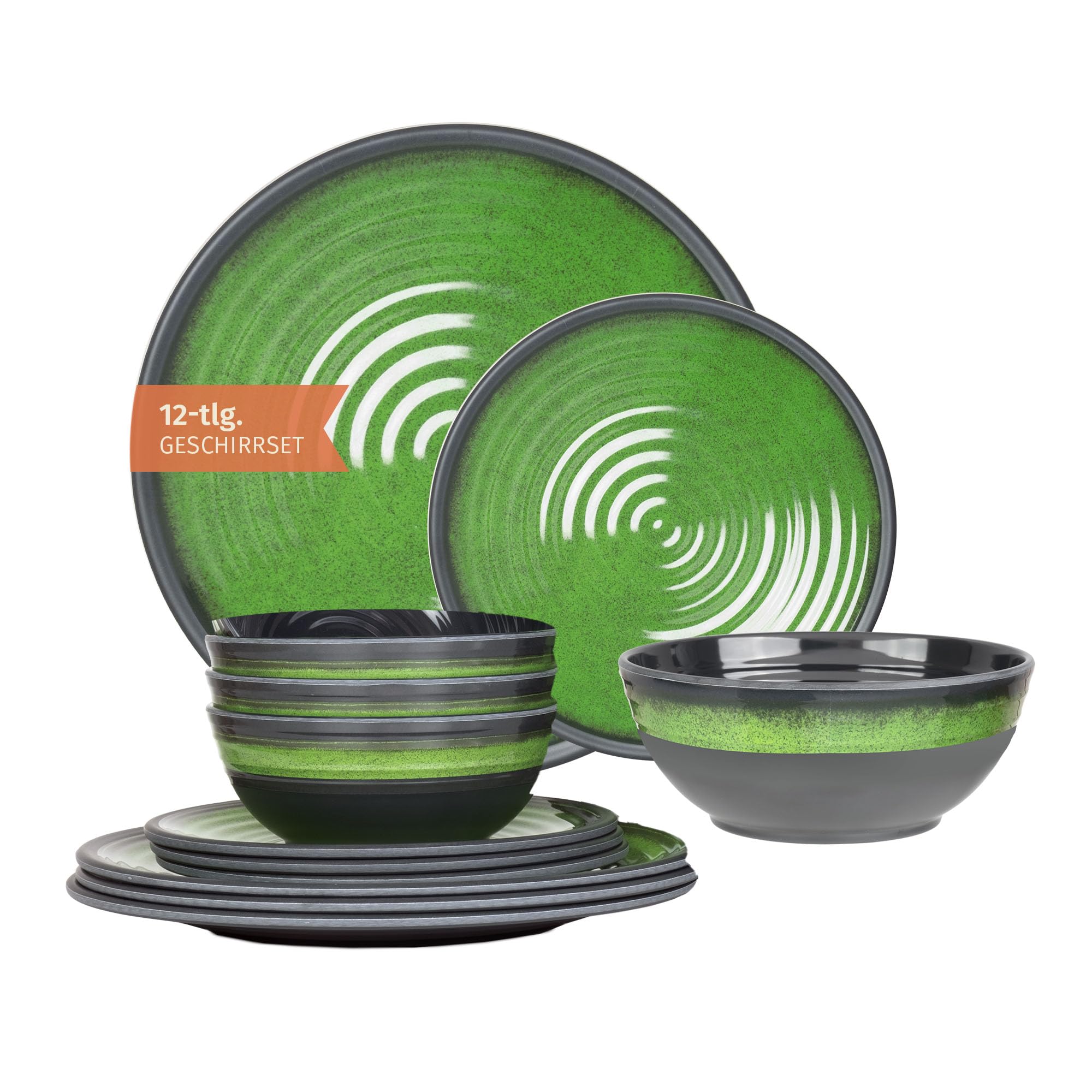 Moritz Vajilla de melamina para camping para 4 personas, 12 piezas, apta para lavavajillas, vajilla de pícnic, vajilla de camping, diseño de piedra verde