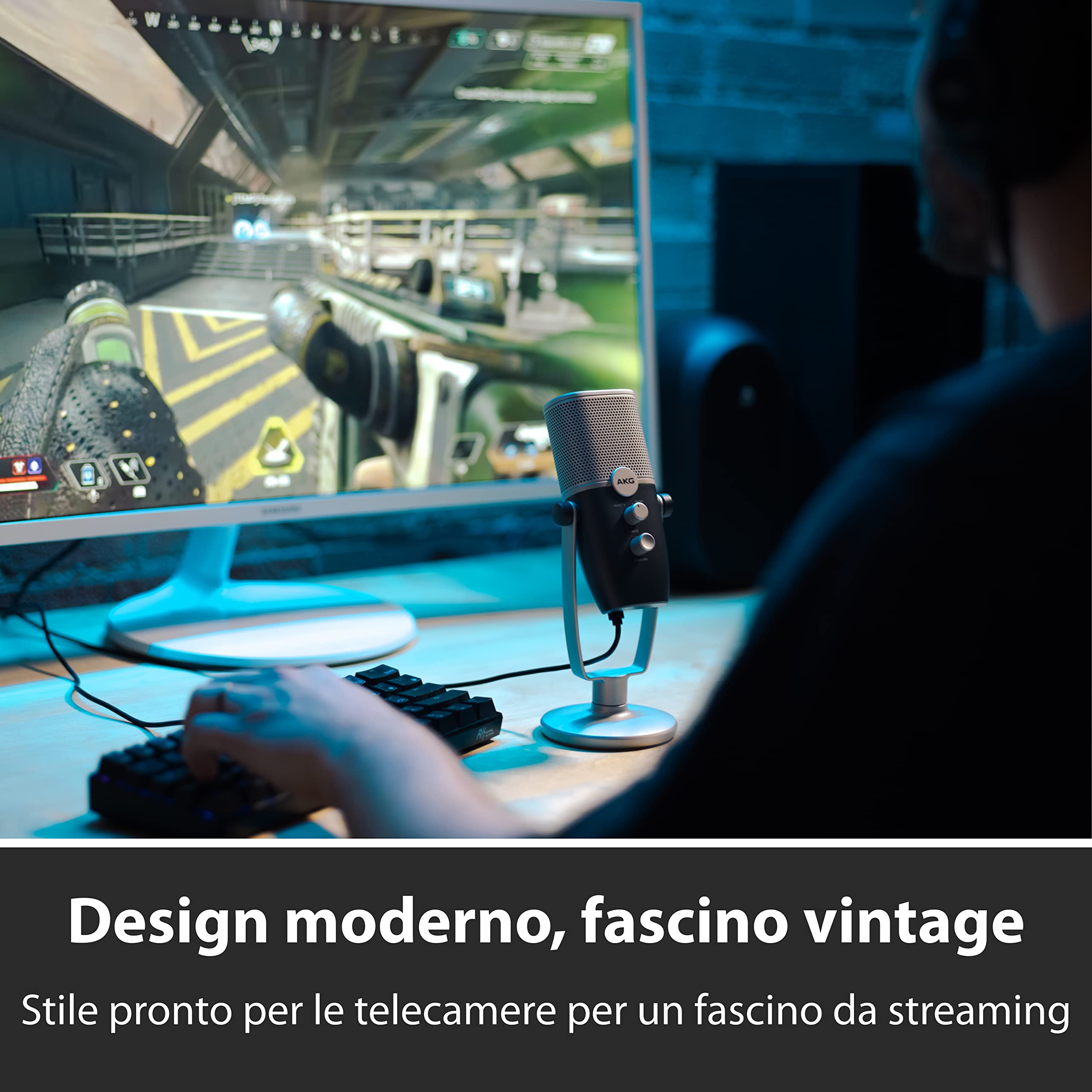 AKG Pro Audio Ara Microfono professionale a condensatore USB-C - Modalità di acquisizione audio a doppio schema per podcast, video blogging, gaming e streaming, Blu e Argento