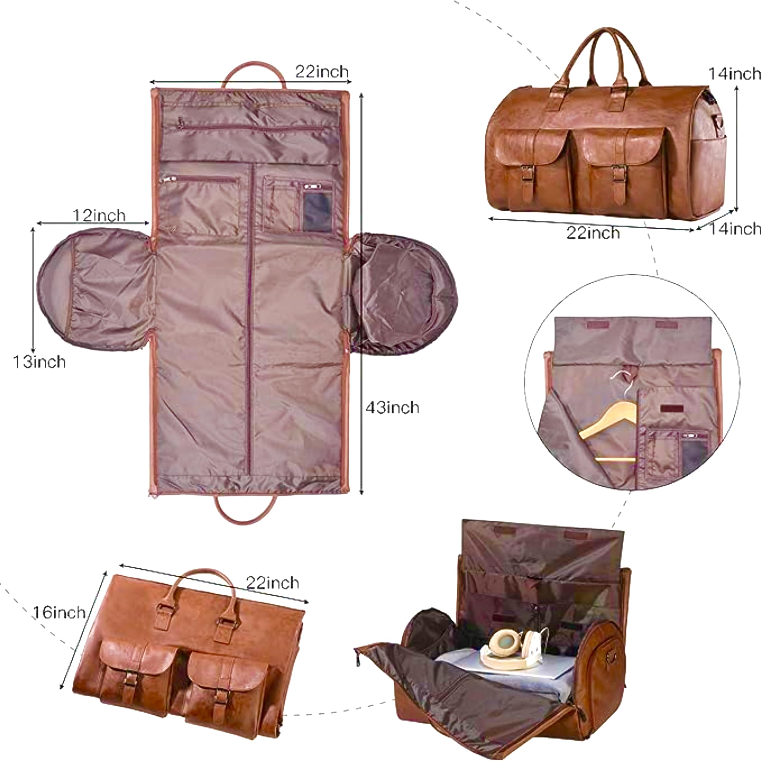 2-in-1 Reisetasche Mit Kleidersack Für Damen – Faltbare Garment Bag Aus PU Leder, Handgepäck
