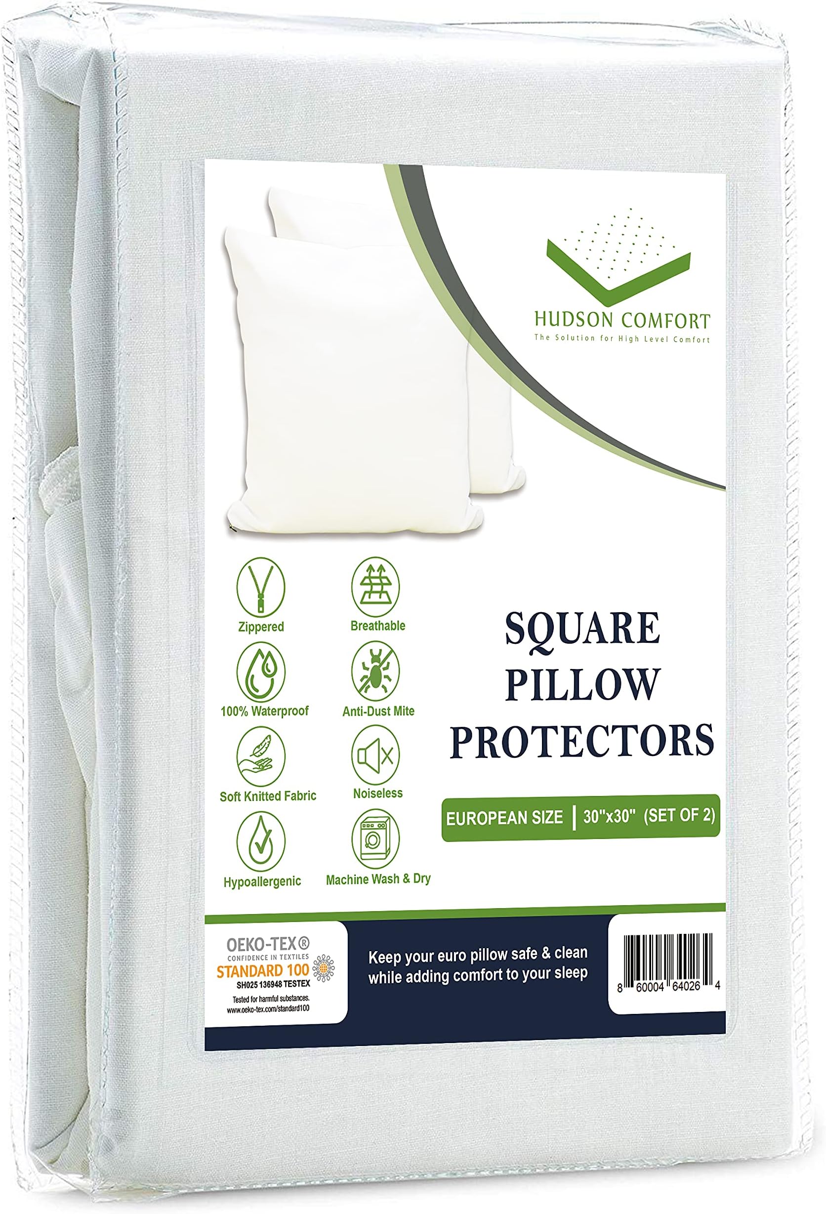 Hudson Comfort 30x30 Pillow Protector - 100% Waterproof, Prevents Feathers from Popping, European Square Zippered Pillow Covers (2 Pack, 30x30 Inch)