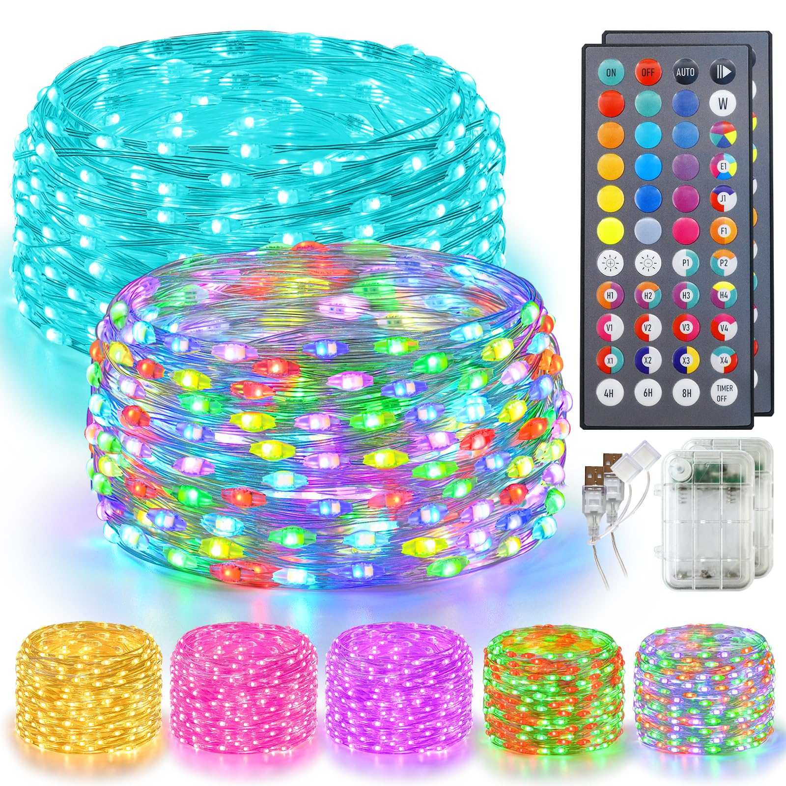 Vimlits Fairy Lights 34 Colour Changing with Remote Control, 2 Pack RGB String Lights Battery Operated USB Plug in Wire Twinkle Light for Bedroom Wedding Party Indoor Christmas Decor(Total 12m/120LED)