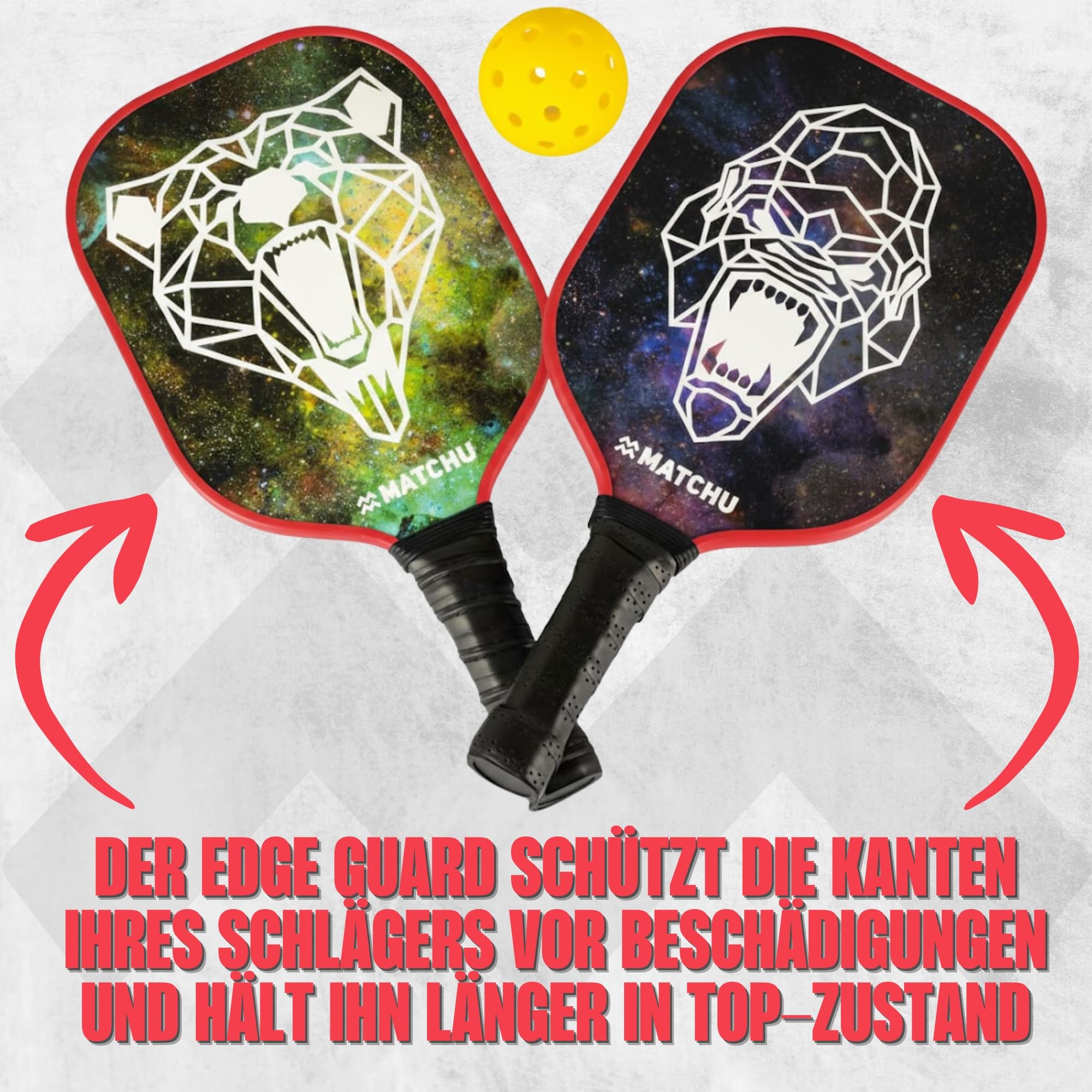 MATCHU - Pickleball Set mit 2 Schlägern, 4 Bällen und praktischer Tragetasche - 100% Carbon - 19,5 × 1,5 × 40 cm - 200 Gramm pro Schläger - Textured Surface Technology - Edge Guard - Grün/Lila