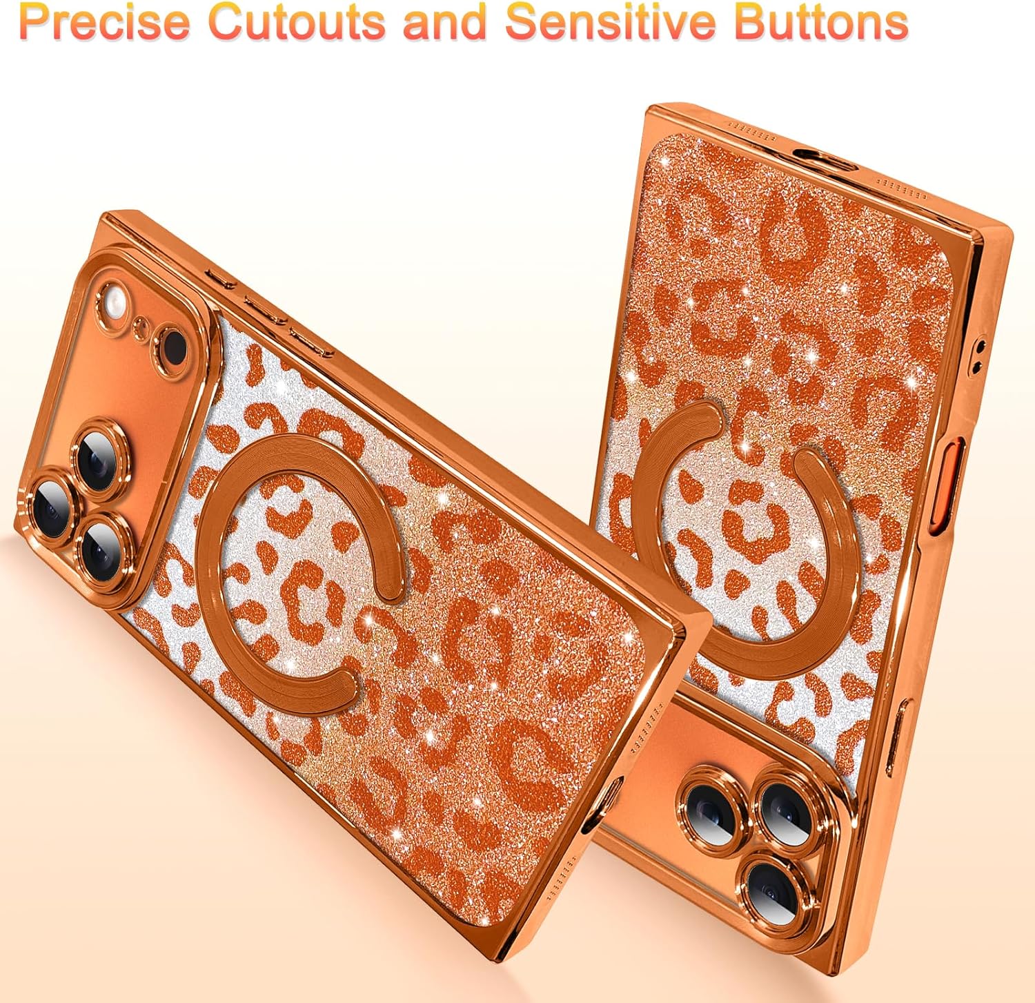 AIGOMARA Phone Case for iPhone 17 Pro Max 6.9 Inch [Compatible with MagSafe] Orange Leopard Print Design Glitter Bling Case Shockproof Scratch-Resistant Soft TPU Phone Cover for Women - Orange - Image 4