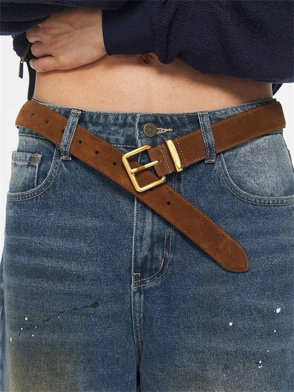 Cinturón de cuero vacuno para mujer, estilo vintage con hebilla de pin, cinturones para vestidos y jeans