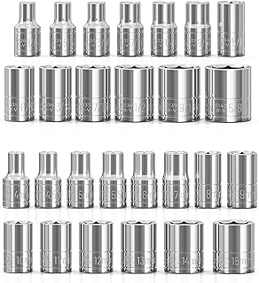 Olsa Tools SAE & Metric Shallow Socket Set (27pc) | 1/4-Inch Drive | 6-Point Deep Socket Set | Standard Imperial Sizes from 1/8