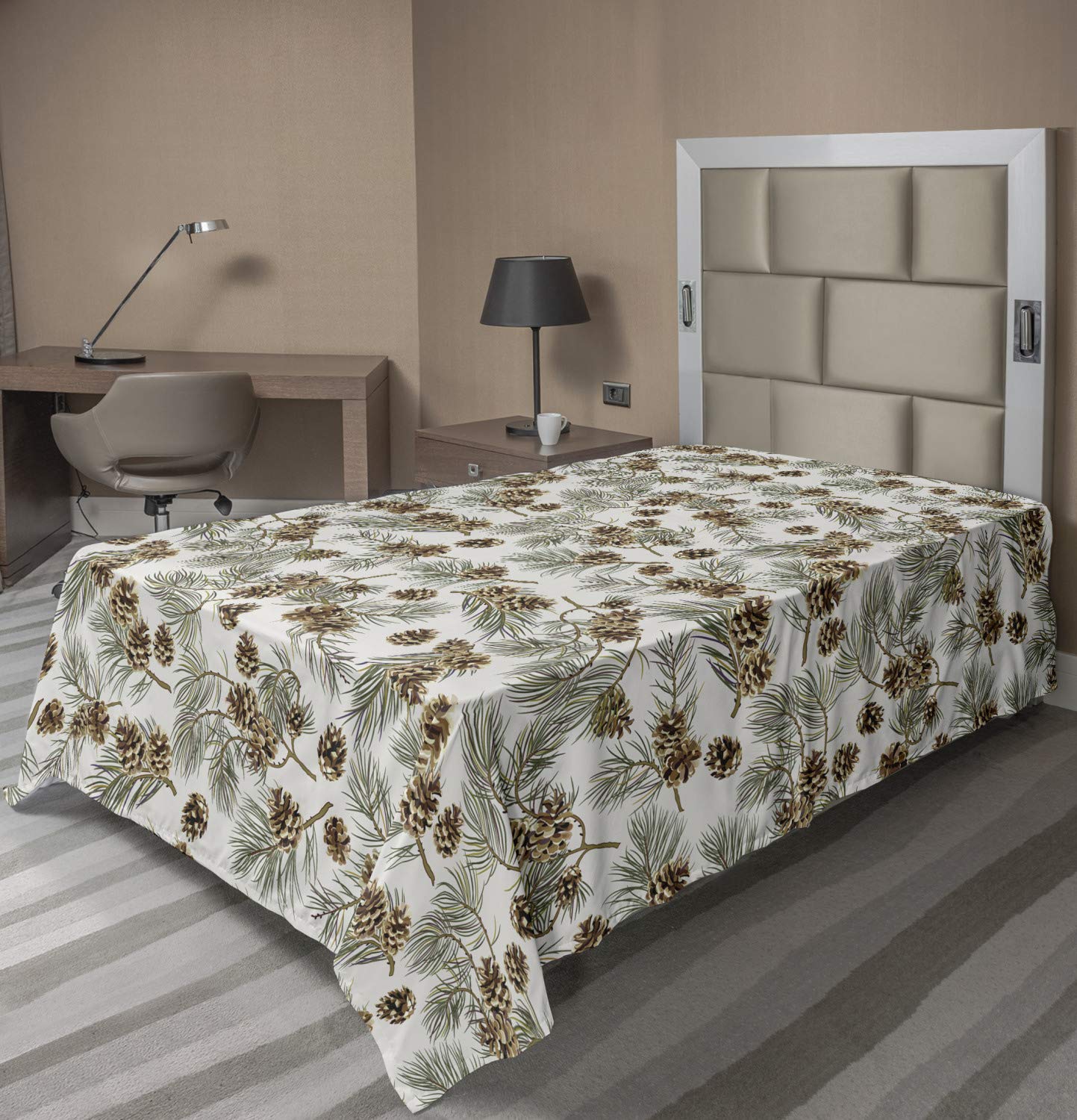 Lunarable Pinecone Flat Sheet, Scenery Illustration of Hand Painted Pine Tree Branches and Sepia Cone, Soft Comfortable Top Sheet Decorative Bedding 1 Piece, Twin Size, Green Brown