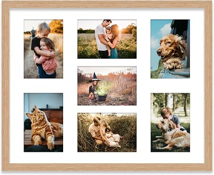 20x16 Inch 7 Opening Photo Collage Frame, Display Seven 6x4 Inch Photos, Multi Aperture Family Picture Frame, Oak