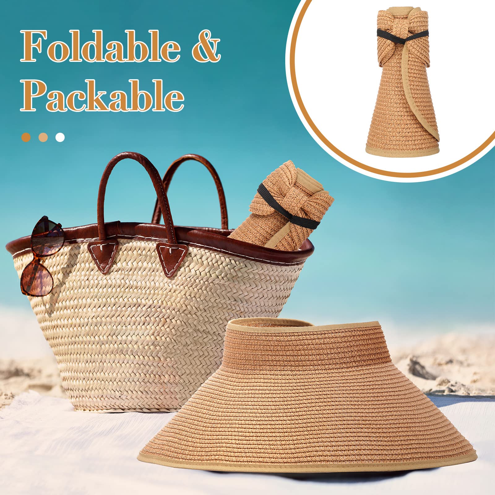 6 piezas de sombrero de paja plegable de verano para playa, visera ancha para cola de caballo para mujer, gorras ajustables para niñas de viaje, Colores clásicos 4