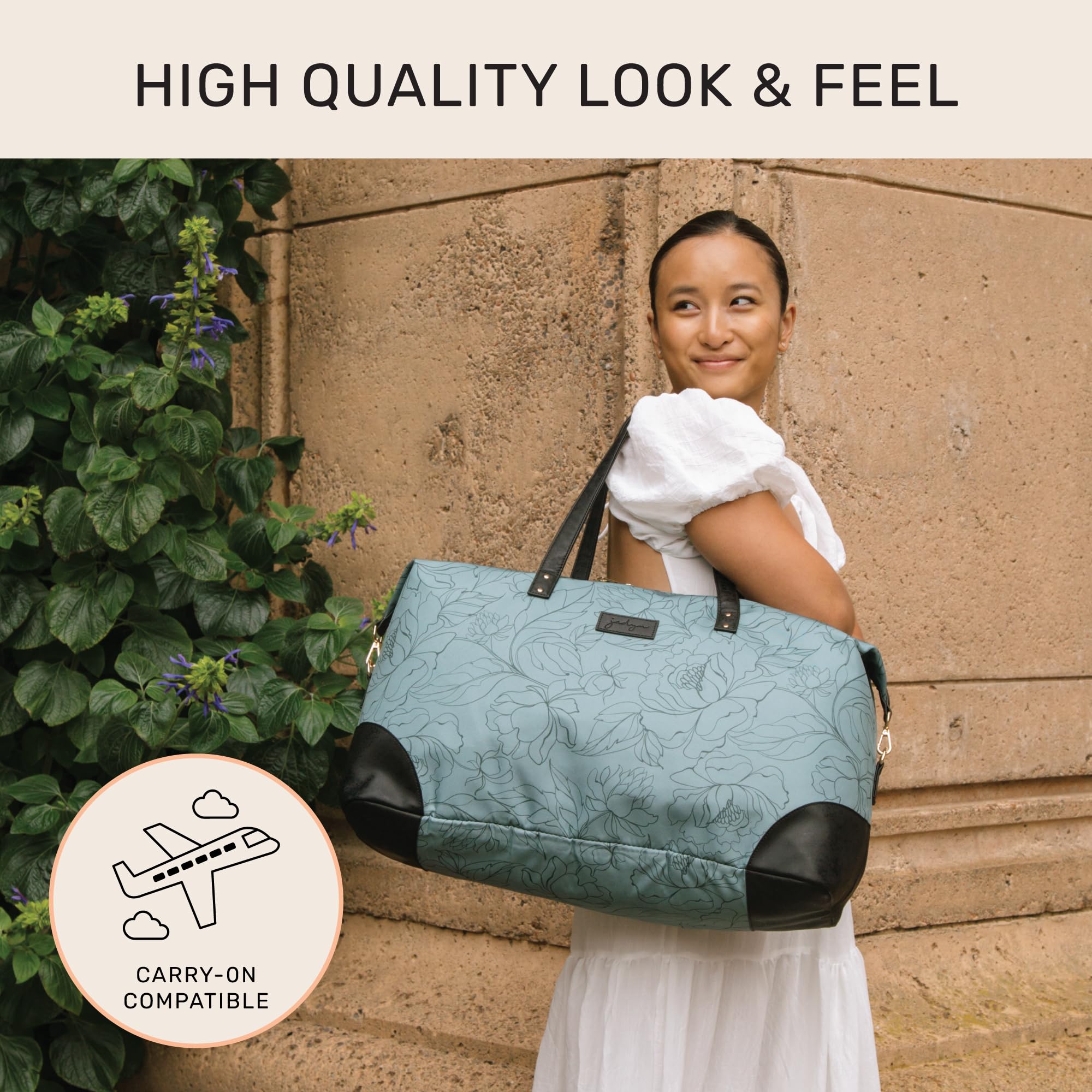 Jadyn B Luna Duffel torba podróżna lub sportowa, 54 cm - 37 l, w zestawie kosmetyczka na zamek błyskawiczny, Flora szałwii, Miękka torba sportowa z wegańskimi skórzanymi akcentami