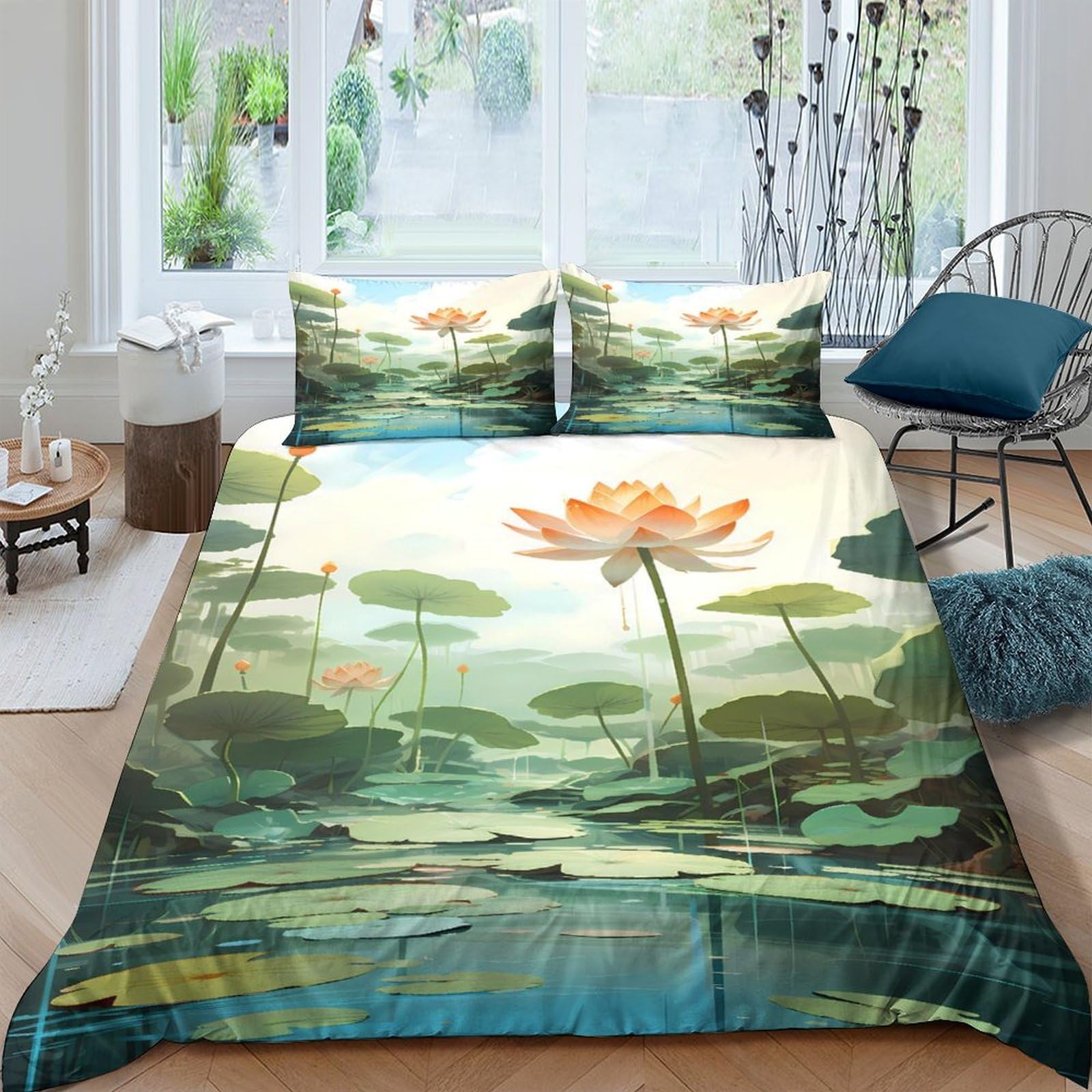 Ctjqhvkz Style-7 3D Printed Lotus Pond Fitted Sheet Microfiber Soft Green Water Lily Mattress Cover For Bedroom Guest Room Decor Single（135X200cm）