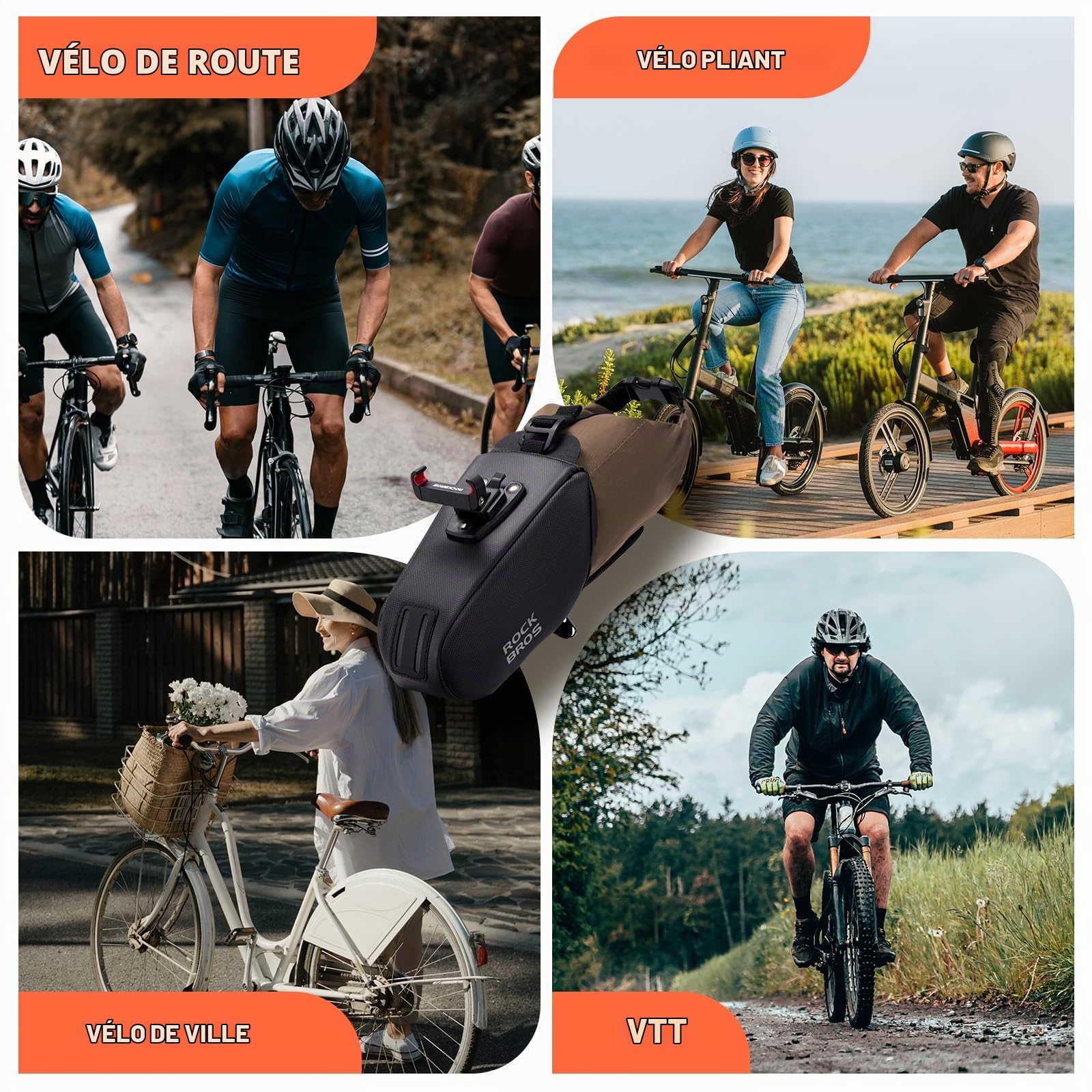 ROCKBROS Sacoche Selle Vélo 0,8-1,3L Séparation Interne Externe Extensible Sac Tige Siège VTT Arrière Étanche Réfléchissant Montage Rapide Feu Suspendable Stockage Compartimenté Vélo Route Pliant Vert