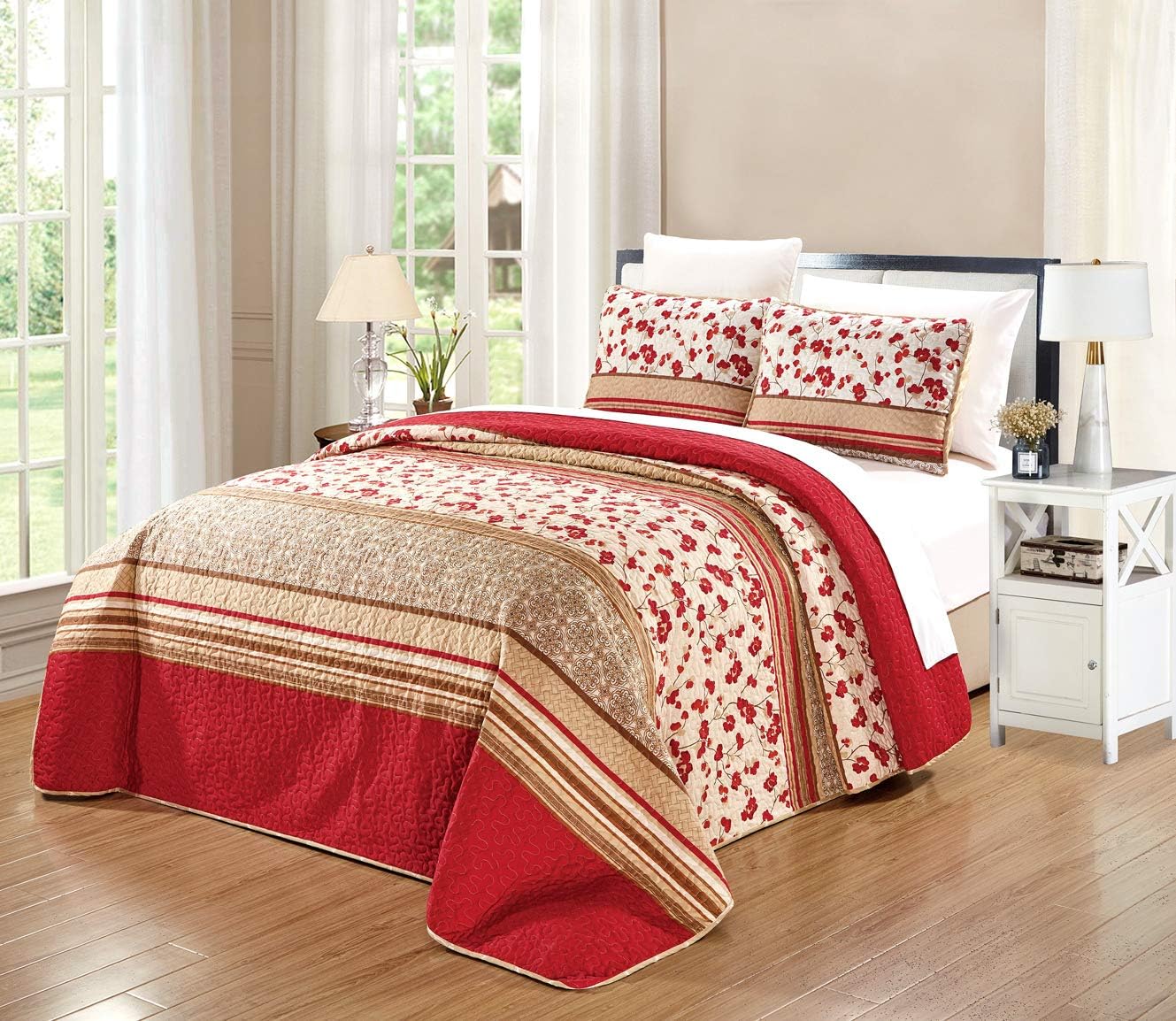 Grand Linen 3-Piece Fine Printed Oversize (115" X 95") Quilt Set Reversible Bedspread Coverlet King Size Bed Cover (Red, Beige, Brown Floral)