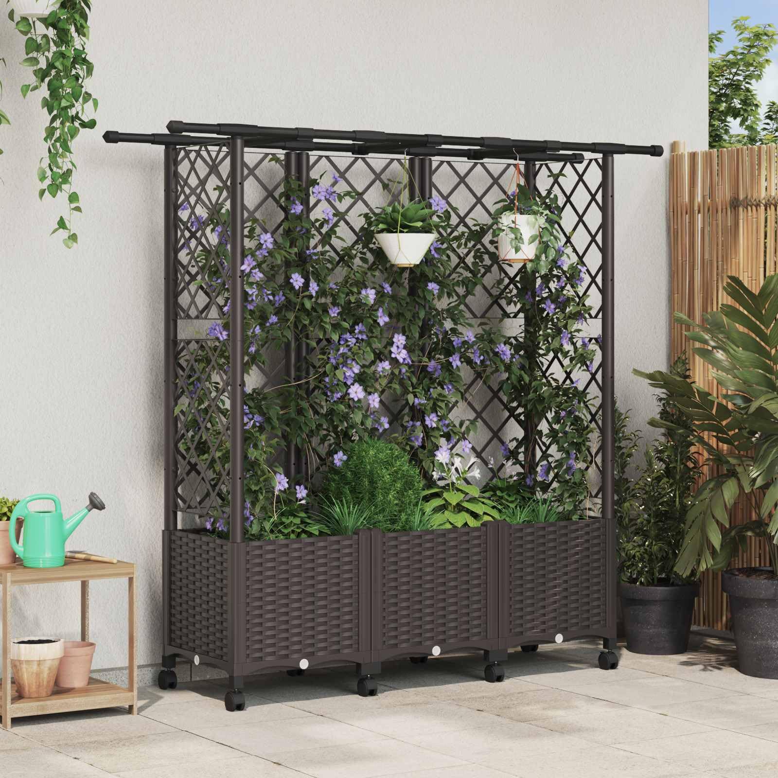 Jardinera con enrejado y techo marrón de polipropileno 163,5 x 40 x 142 cm, maceta para balcón, terraza, jardín, maceta, flores, hierbas, verduras, exteriores, con riego y almacenamiento de
