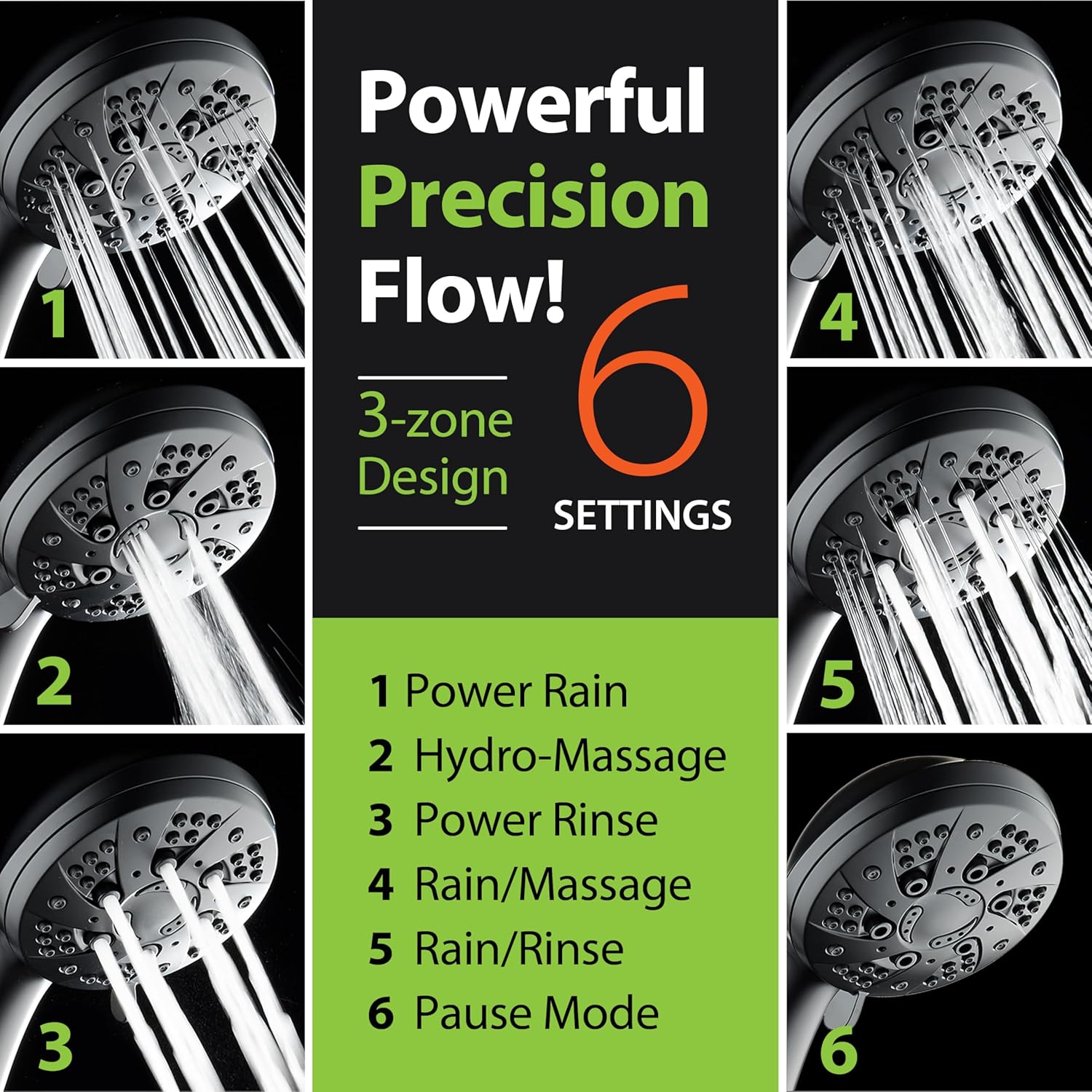 AquaDance High Pressure 6-Setting Matte Black Handheld Shower Head with Stainless Steel Hose. Officially Independently Tested to Meet Strict US Quality & Performance Standards!