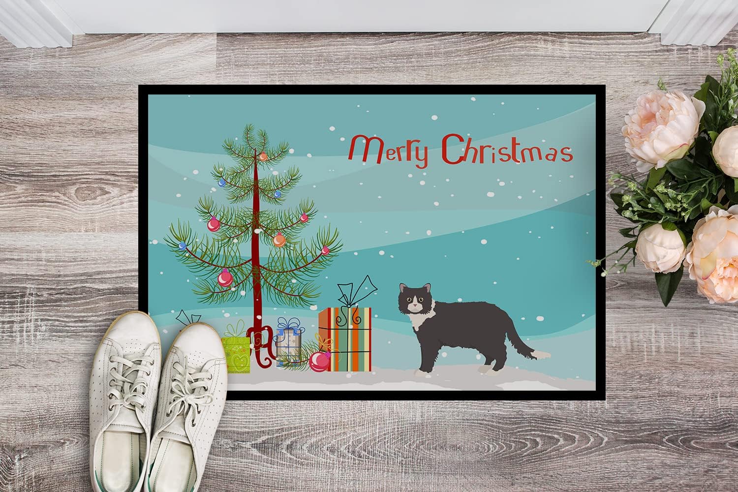 Caroline's Treasures CK4687MAT Poodle Cat #1 Cat Merry Christmas Doormat 18x27 Front Door Mat Indoor Outdoor Rugs for Entryway, Non Slip Washable Low Pile, 18H X 27W