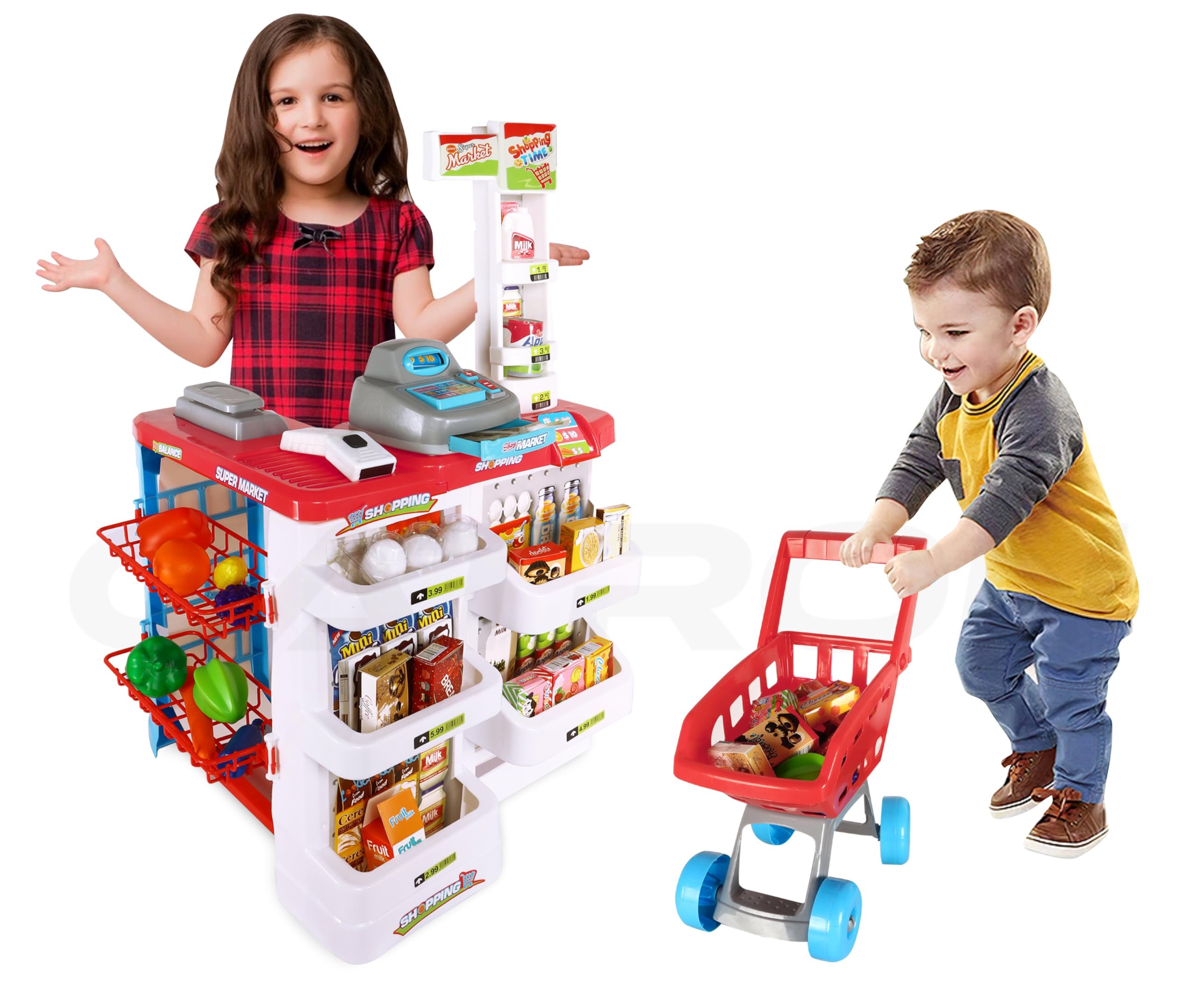 Catron Role Pretend Playset Big Size Home Supermarket kit for Kids Toys with Shopping Cart Kitchen Set Kids Toys for Boys and Girls (Big 55 Pcs Kitchen Set)
