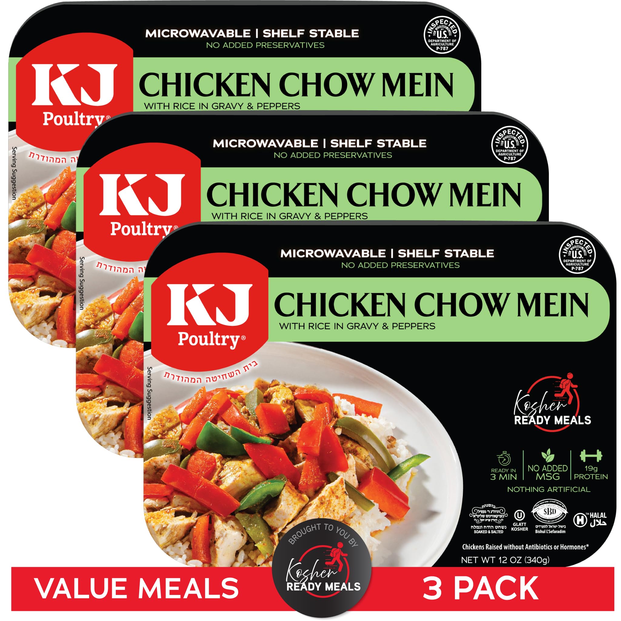 KJ Poultry Kosher Ready Meals - Chicken Chow Mein, MRE Meat Meals Ready to Eat, Gluten Free, Halal, (3 Pack) Prepared Entree Fully Cooked, Shelf Stable Microwave Dinner Travel Military Camping