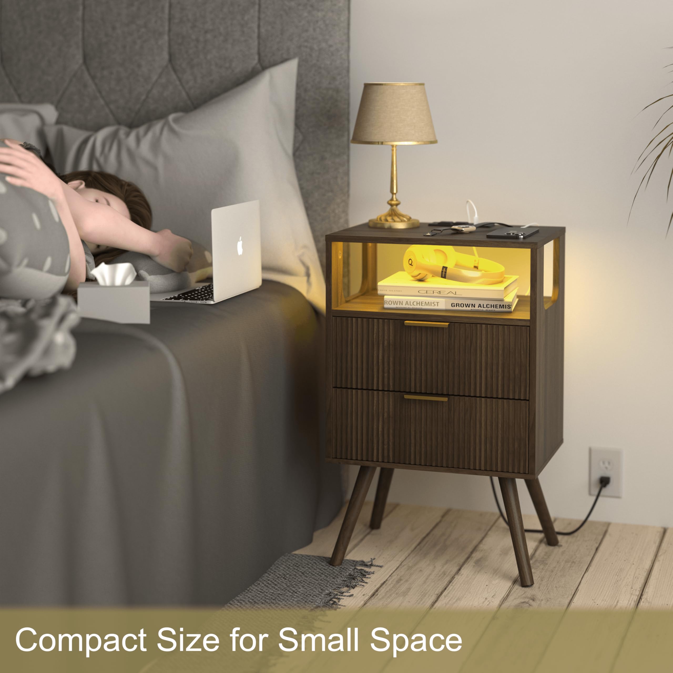 Comodino Moderno Bianco Con Luci LED E Stazione Di Ricarica - 2 Cassetti E Ripiano Aperto - 2