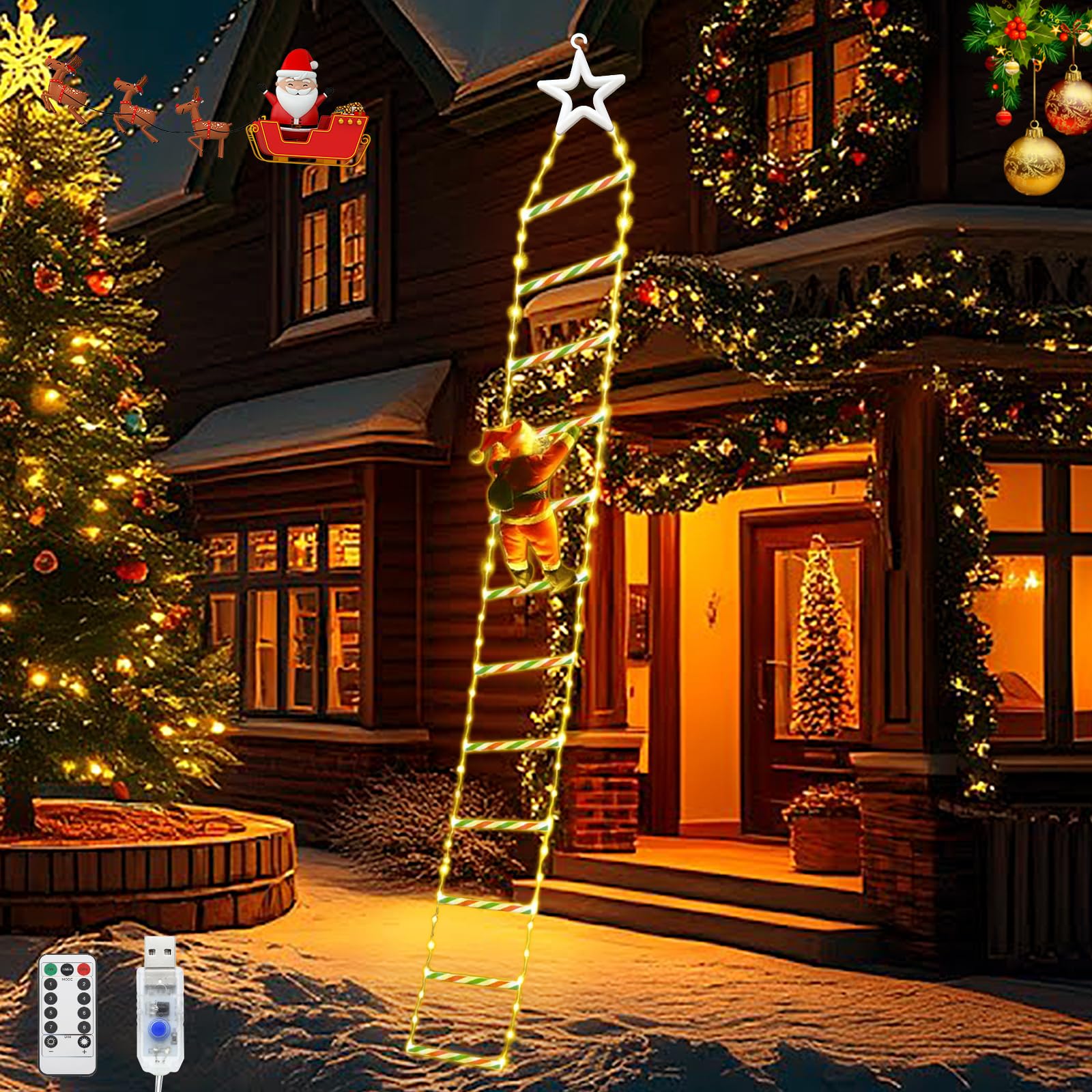 Ladder Christmas Lights with Santa Claus, 3M/9.84Ft 240 LEDs Christmas Lights with 8 Modes, 12 ladders, USB Powered with Remote Control for Indoor Outdoor Garden Xmas Tree Window Decoration