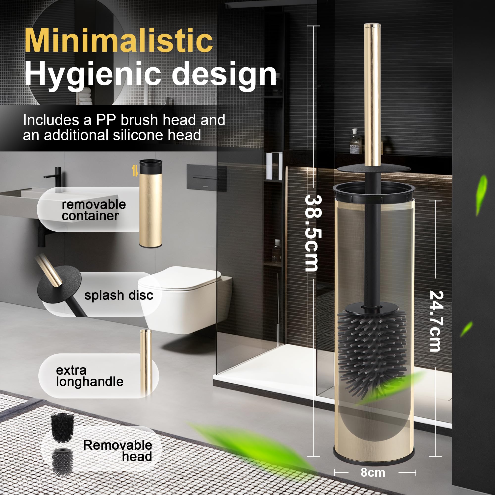 DAZI scopino bagno wc metallico, scopino wc dorato spazzolato con 2 spazzolone bagno per una pulizia profonda del lavandino