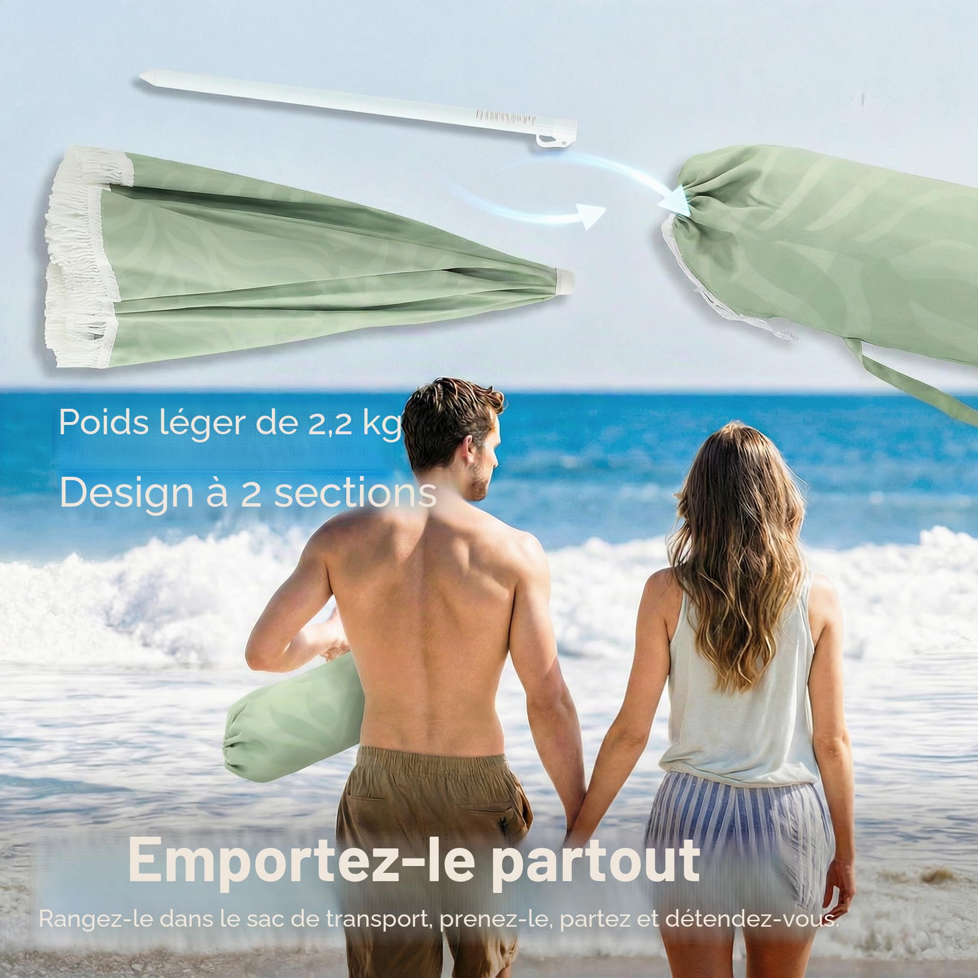 Outsunny 1.8 m Parapluie de plage avec ancre de sable, portable vert