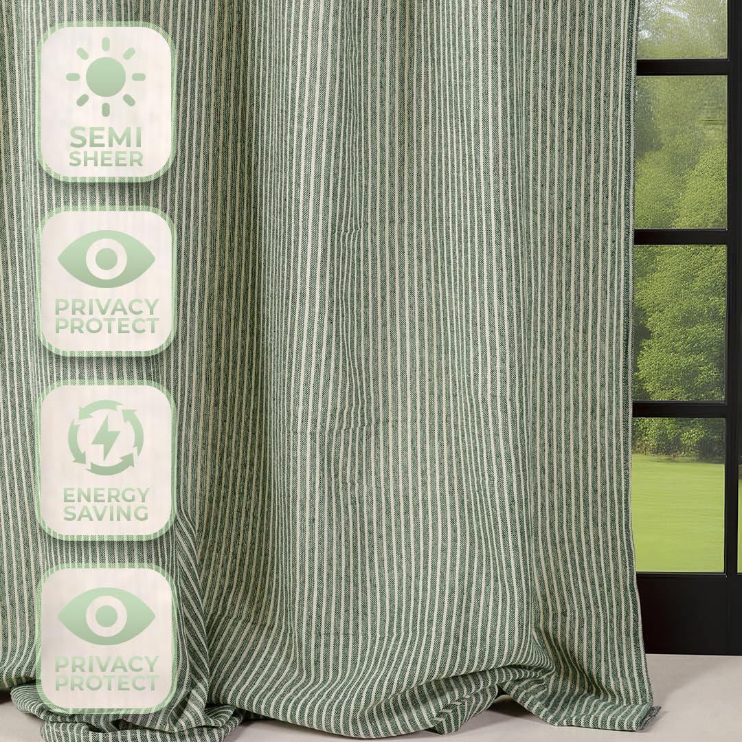 THE ART BOX Gauze Striped Curtains, Boho Linen Gauze Tie Top Hanging Curtains 2 Panel Set, Light Filtering Door Window for Bedroom/Living Room Home Décor Green on White (L96”xW42” Each Panel)