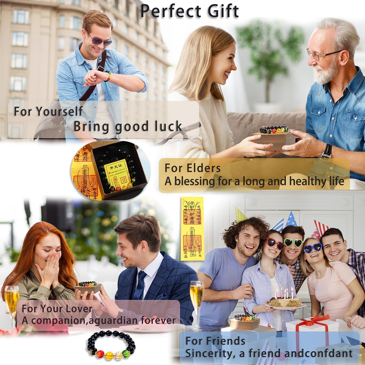 GOLDEN SMILE Black Obsidian Intention Bracelet – Choose 8mm or 10mm Beads, Five Color Symbolic Engravings & 18K Gold Spacers | Adjustable Unisex Fit, Complete Ritual Gift Set - Image 5