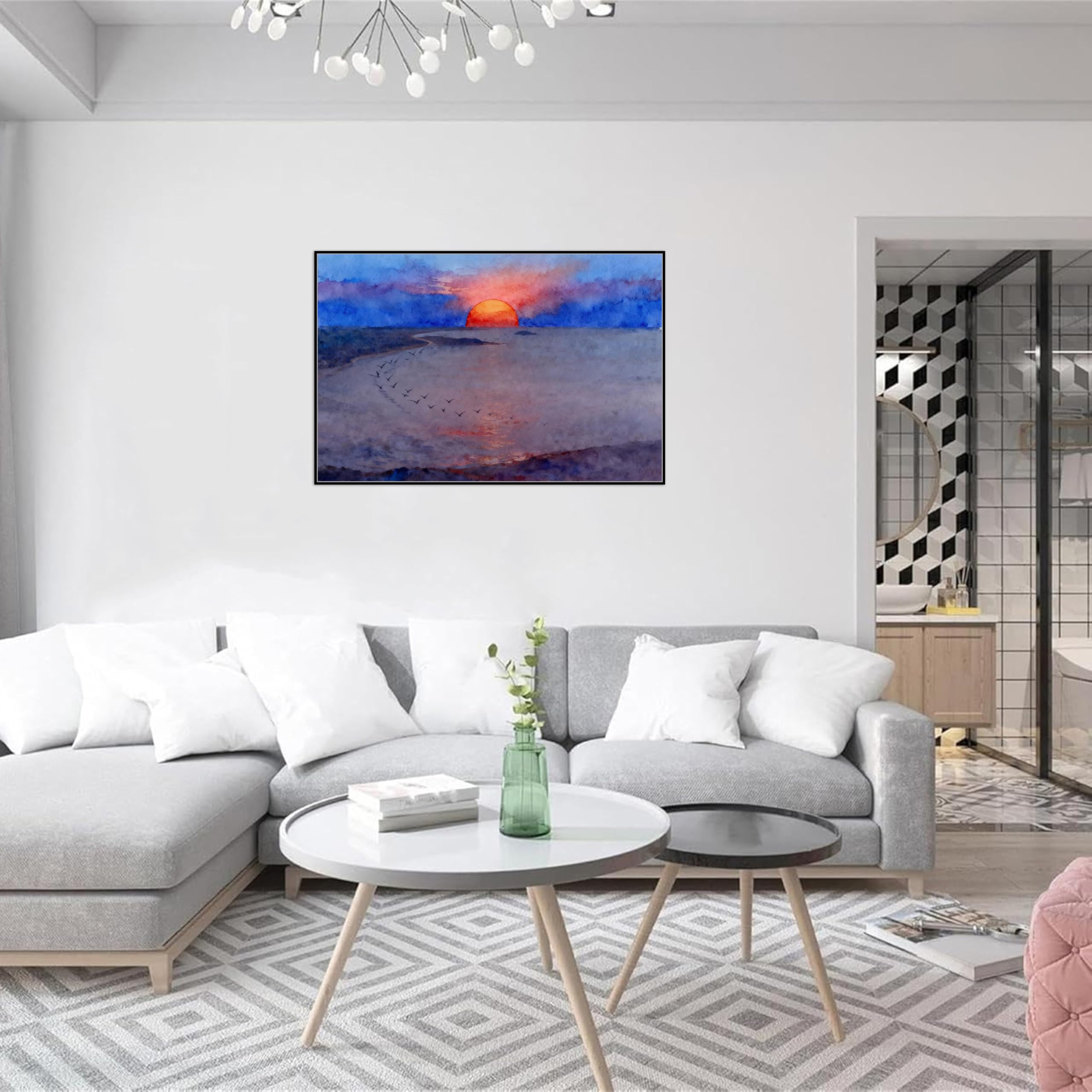 OZPWBVY Meer Leinwandbild-Sonnenuntergang Wolken-Küsten Landschaftsbilder für Wohnzimmer Schlafzimmer Fertig zum Aufhängen 50x75cm Schwarz Rahmen