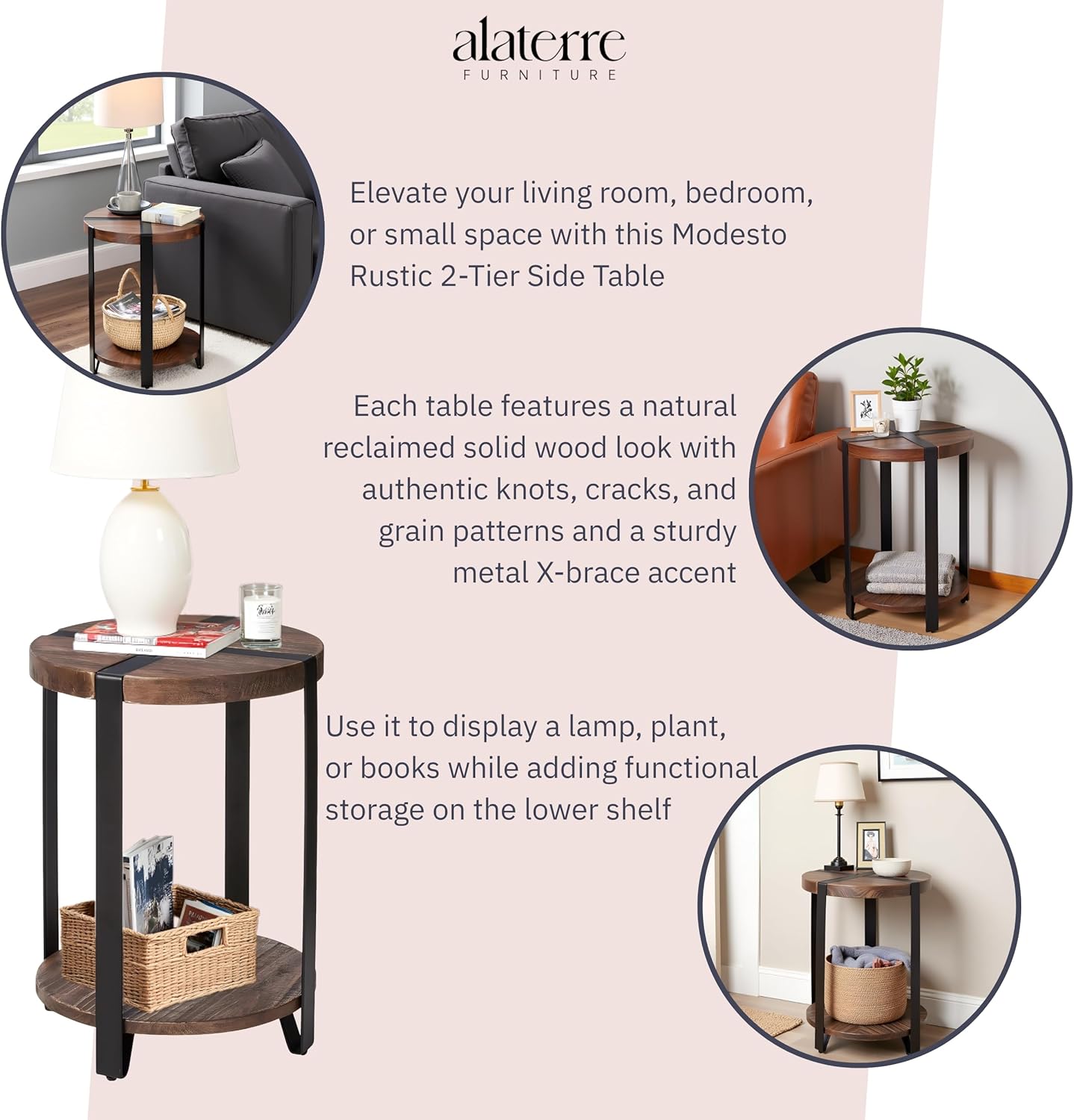 Modesto 20-Inch Round End Table – Rustic 2-Tier Side Table with Solid Wood Top, Lower Shelf, & Metal Legs – Small Accent Table for Living Room or Bedroom by Alaterre Furniture (Natural Wood Finish)