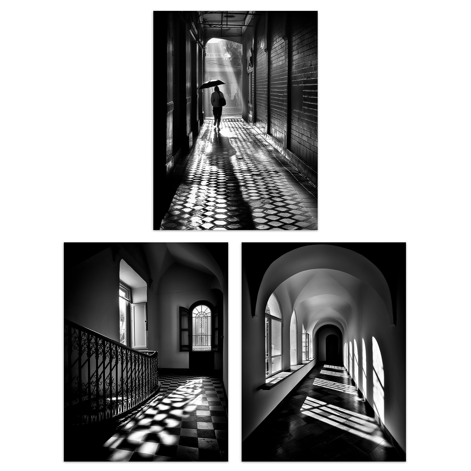 Artery8 Shadows And Light - Set Of 3 Set Of 3 Shadows And Light Black And White Photographs Geometric Patterns Atmospheric Corridors Unframed Wall Art Living Room Poster Prints Pack