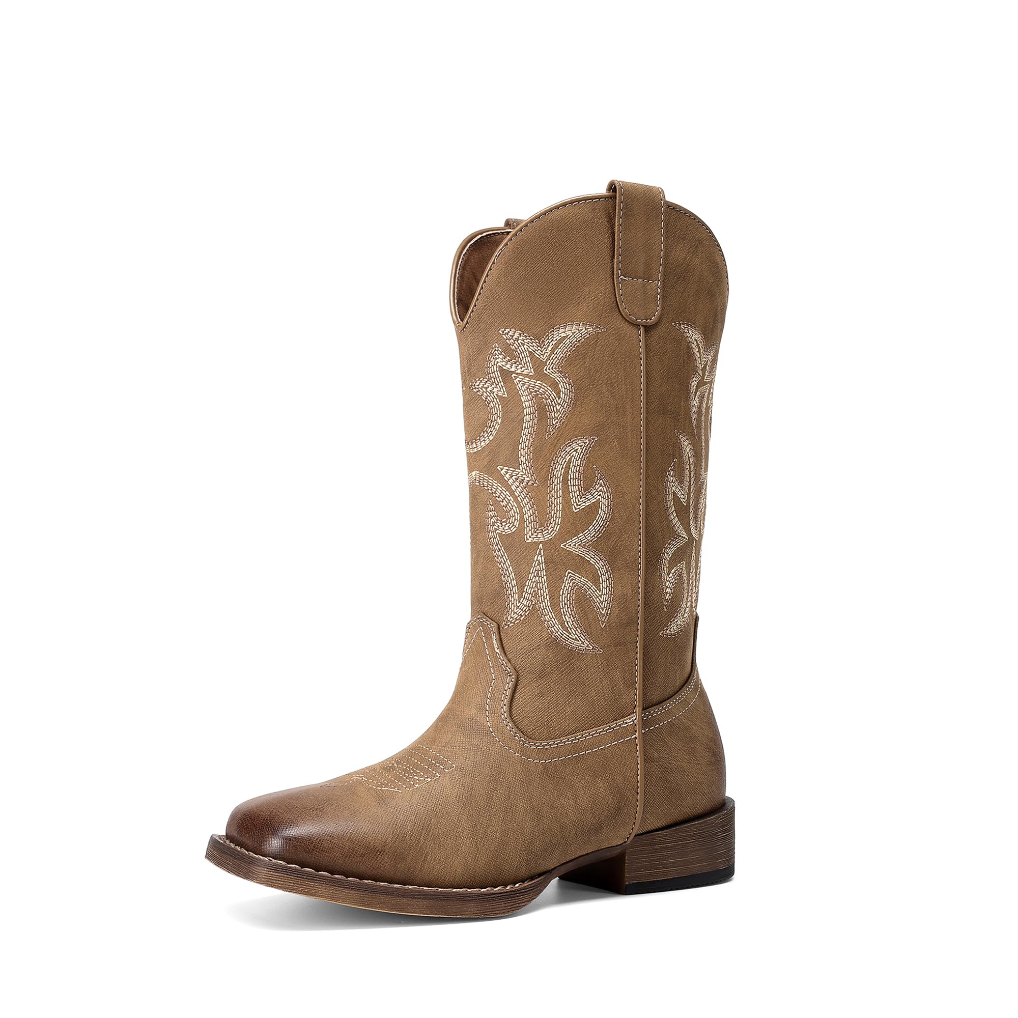 DREAM PAIRS Stivali da cowboy da donna con punta quadrata larga, stile western, a metà polpaccio, ricamati, stile retrò