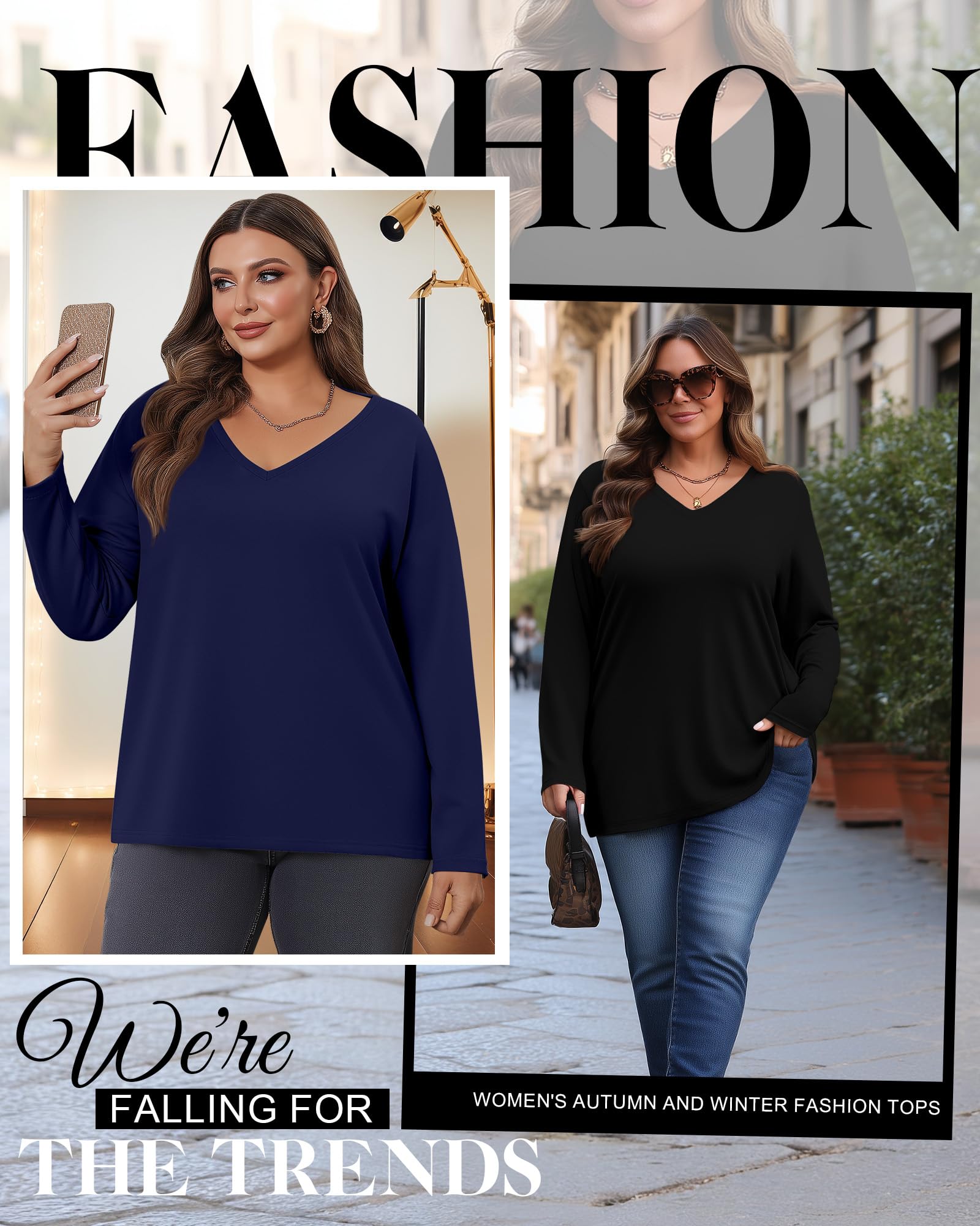 Riyiper 3er-Pack Damen Große Größen V-Ausschnitt Langarmshirts